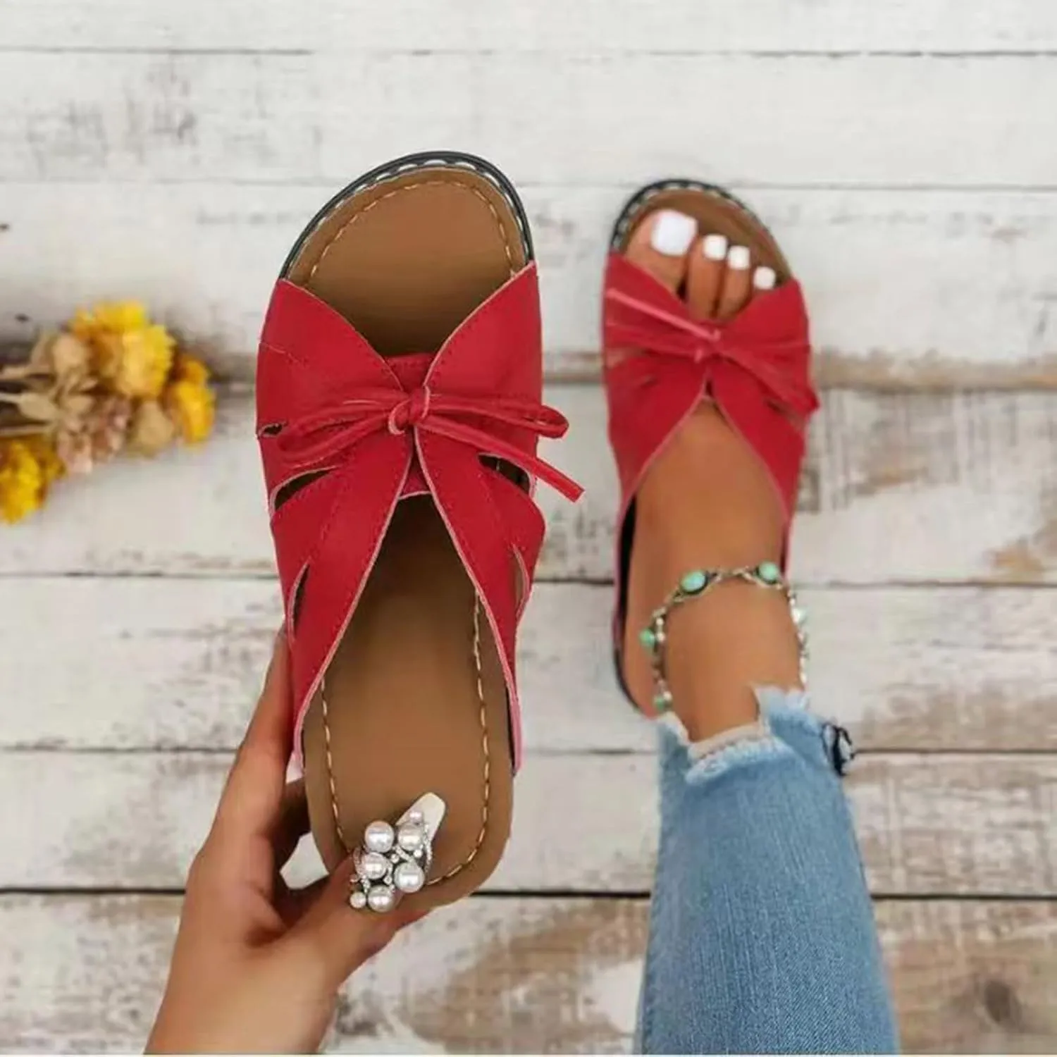 Ladies Fashion Retro Solid Color Leather Bow Tie Decorative Open Toe Thick Sole Sandals Women Nice Sandals