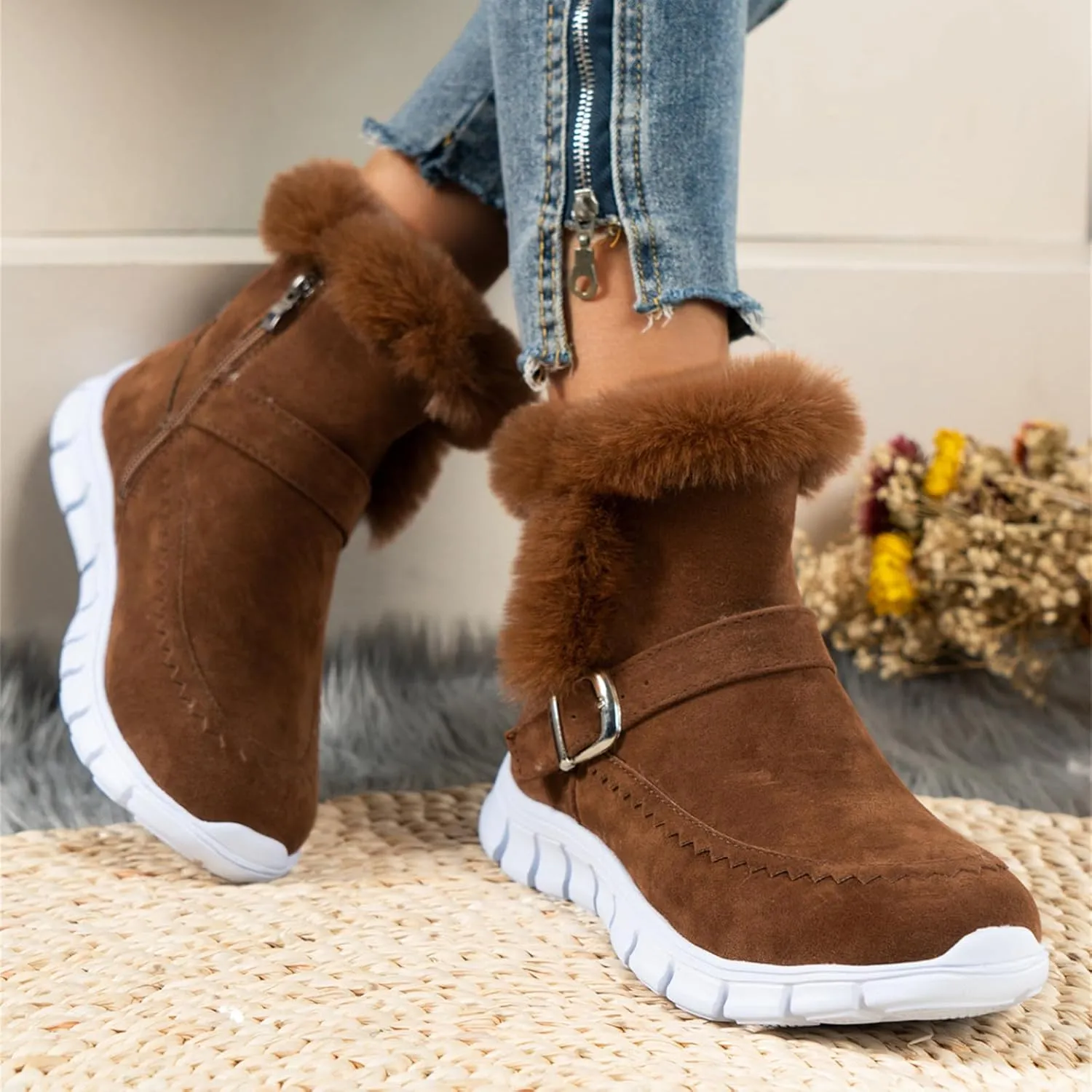 Ladmiple Booties For Women 2024 Casual Slip-on Warm Loafers Shoes Fur-Lined Comfortable Lightweight Winter Snow Ankle Boots
