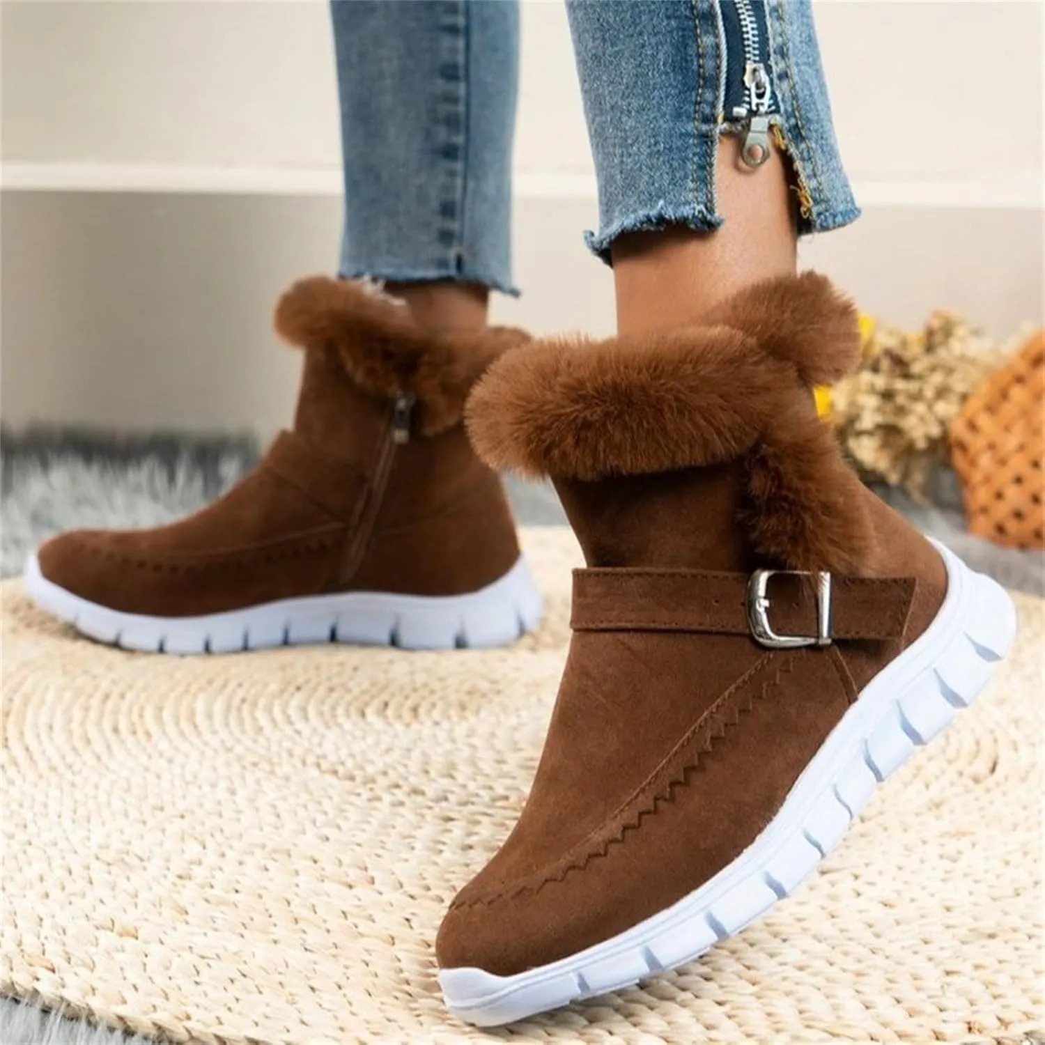 Ladmiple Booties For Women 2024 Casual Slip-on Warm Loafers Shoes Fur-Lined Comfortable Lightweight Winter Snow Ankle Boots