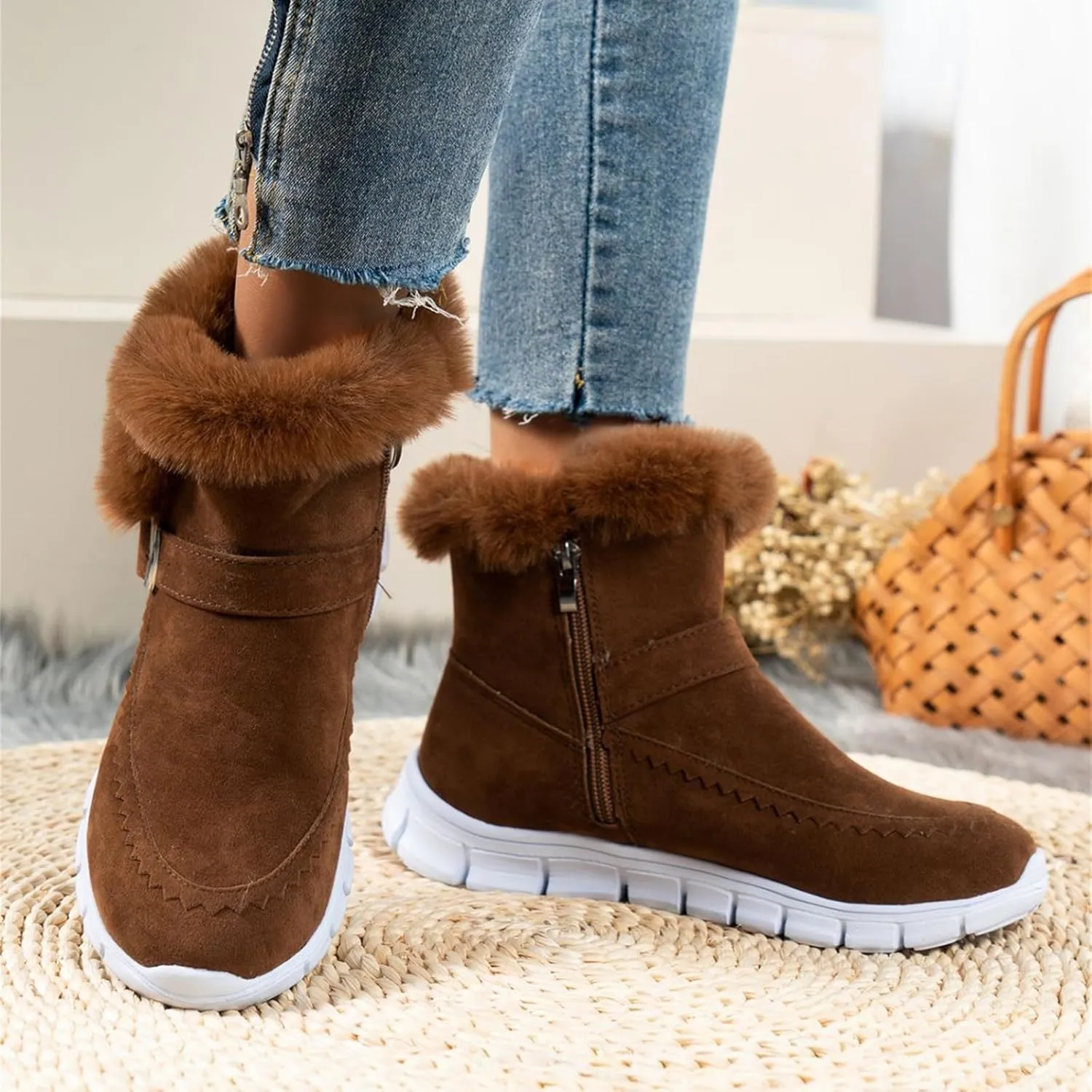 Ladmiple Booties For Women 2024 Casual Slip-on Warm Loafers Shoes Fur-Lined Comfortable Lightweight Winter Snow Ankle Boots