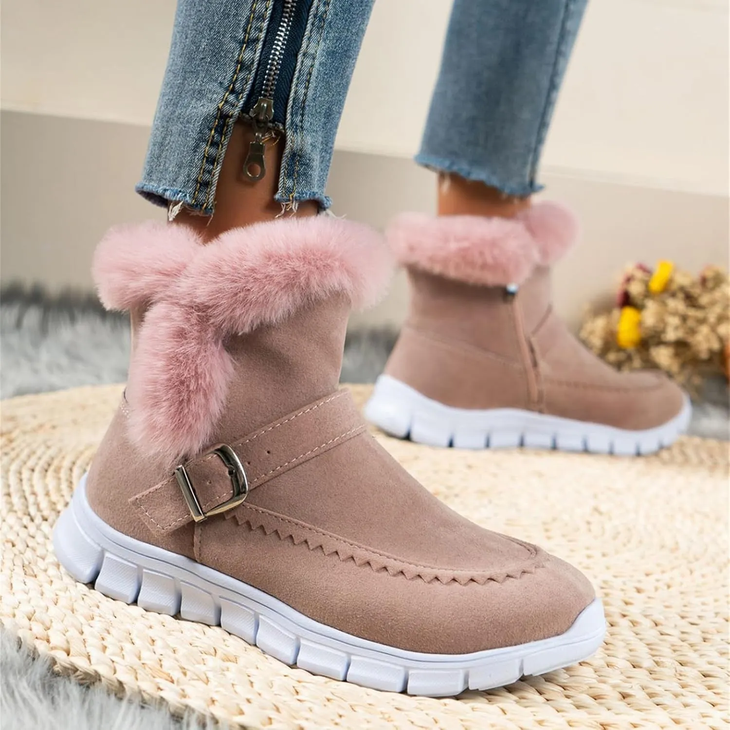 Ladmiple Booties For Women 2024 Casual Slip-on Warm Loafers Shoes Fur-Lined Comfortable Lightweight Winter Snow Ankle Boots
