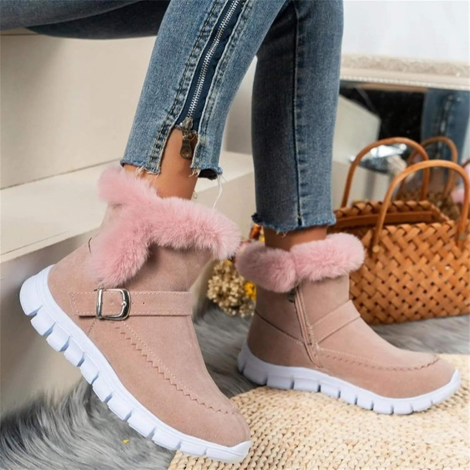 Ladmiple Booties For Women 2024 Casual Slip-on Warm Loafers Shoes Fur-Lined Comfortable Lightweight Winter Snow Ankle Boots