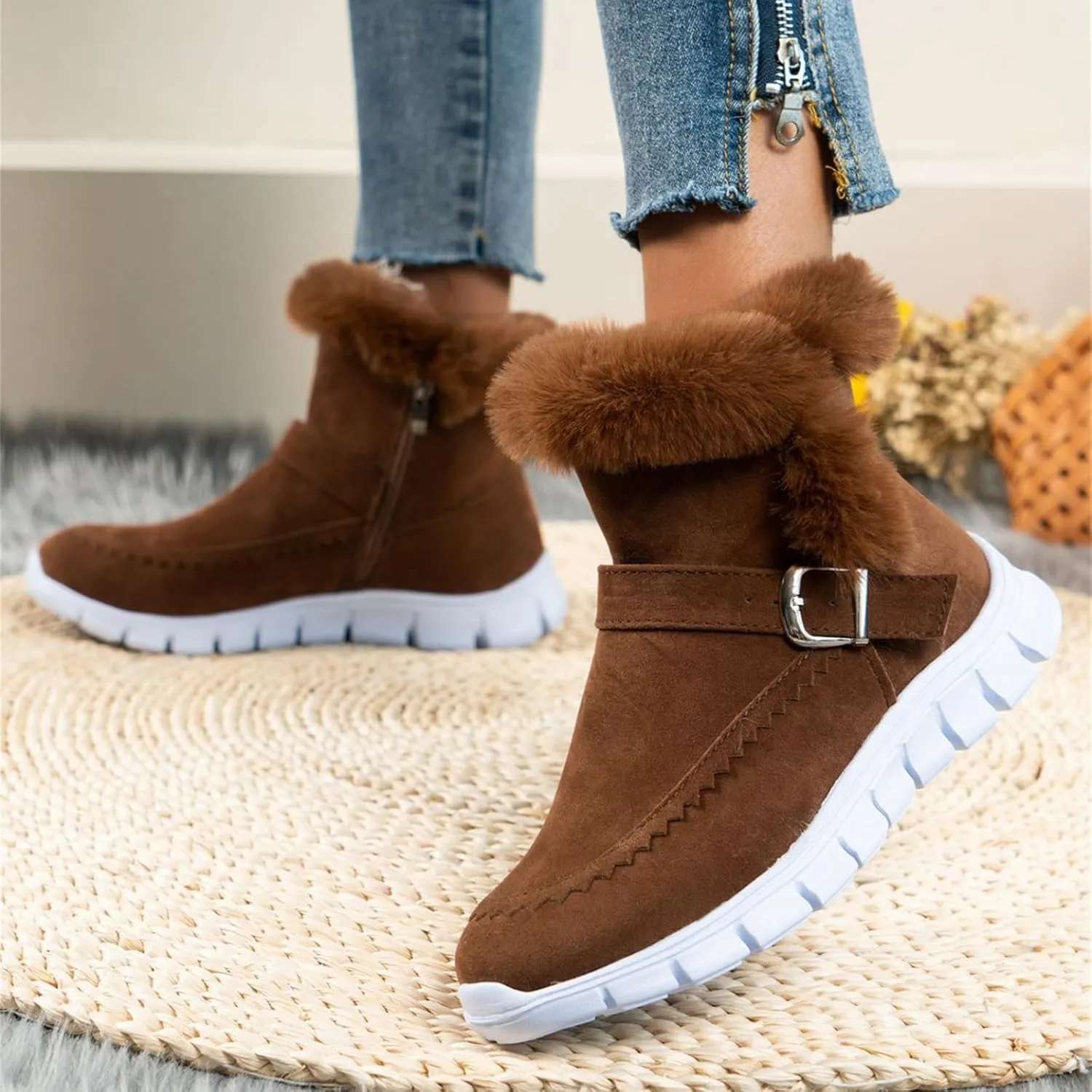 Ladmiple Booties For Women 2024 Casual Slip-on Warm Loafers Shoes Fur-Lined Comfortable Lightweight Winter Snow Ankle Boots