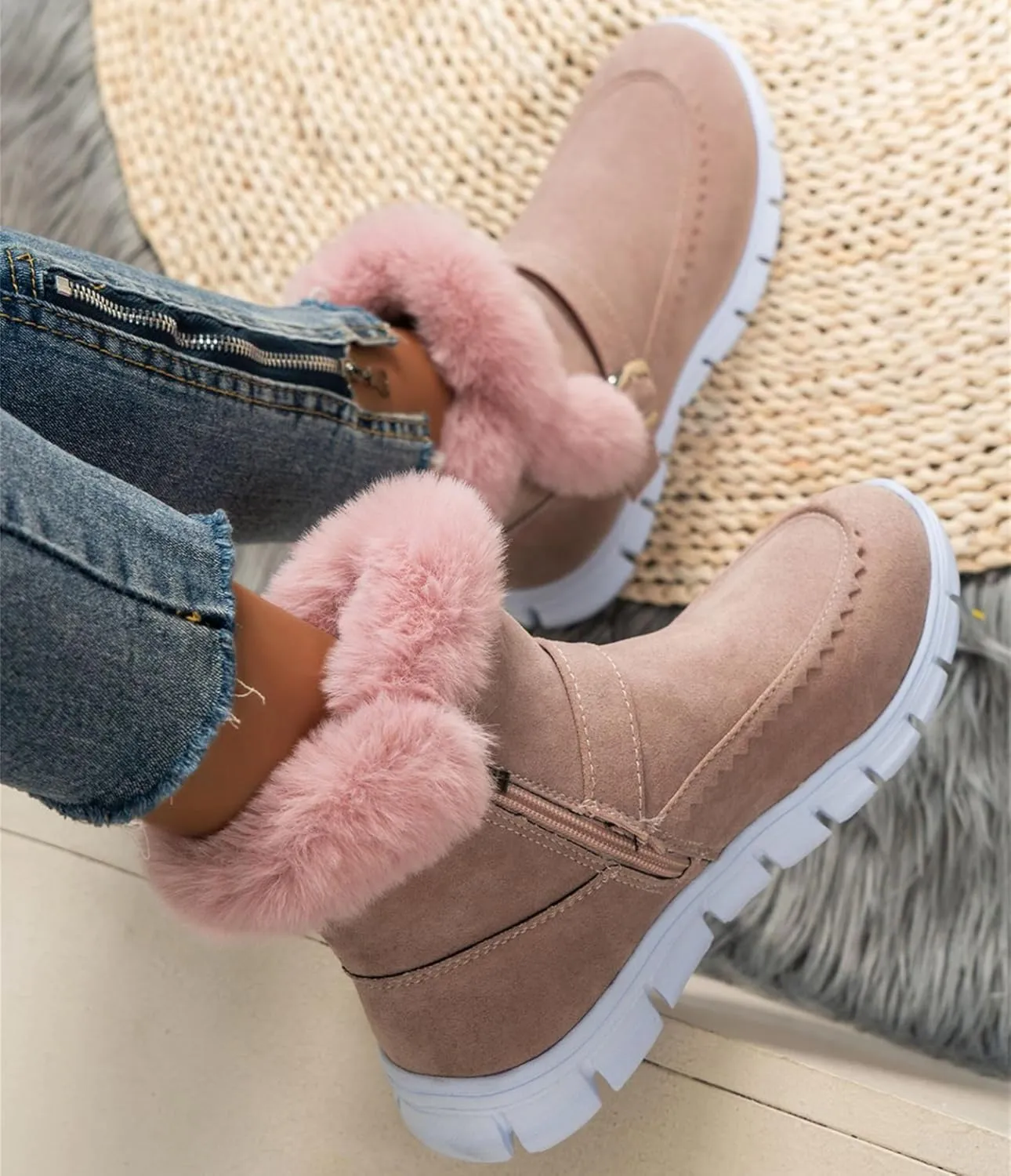 Ladmiple Booties For Women 2024 Casual Slip-on Warm Loafers Shoes Fur-Lined Comfortable Lightweight Winter Snow Ankle Boots