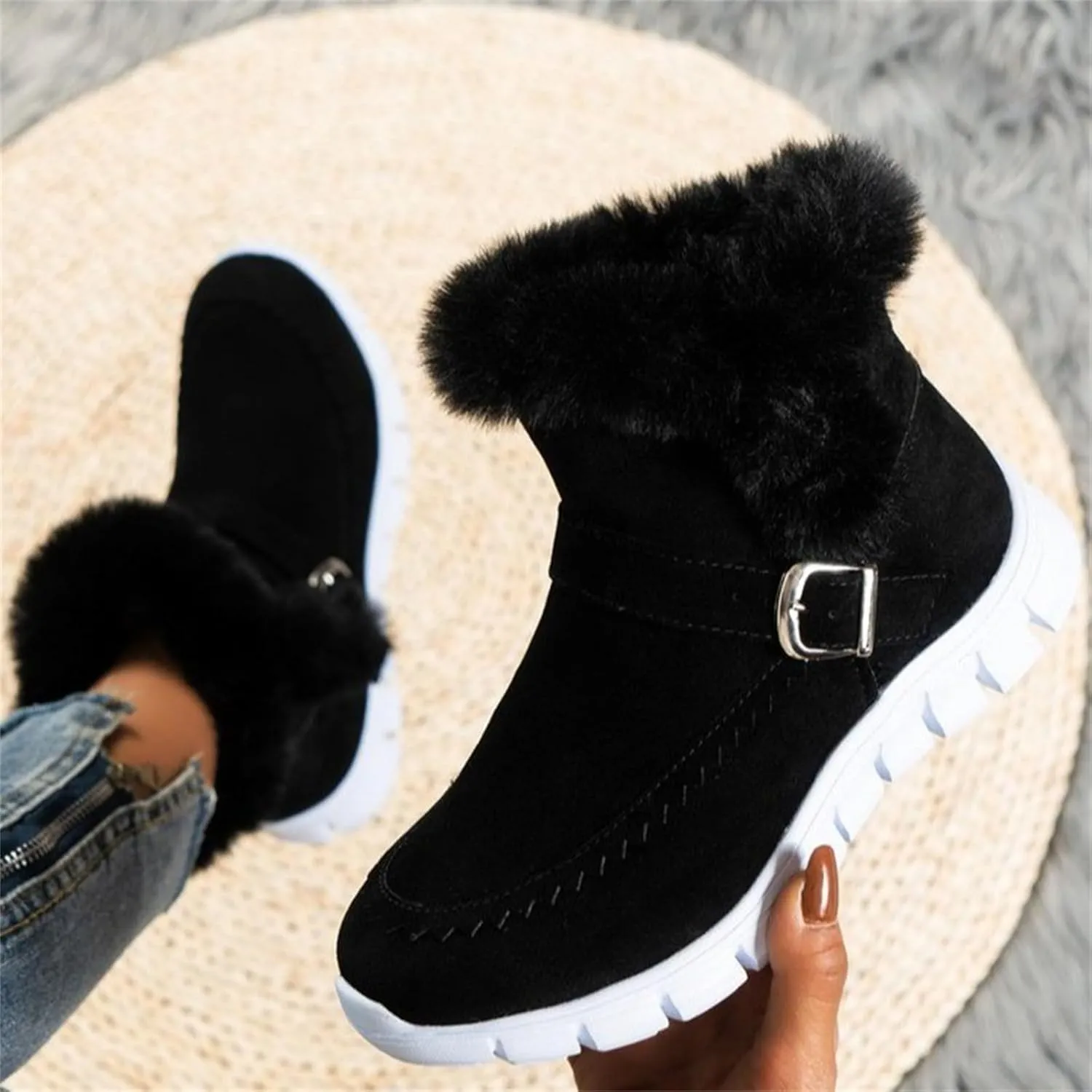 Ladmiple Booties For Women 2024 Snow Boots Winter Warm Fur Lined Anti-Slip Ankle Booties Outdoor Slip On Warm Loafers Shoes