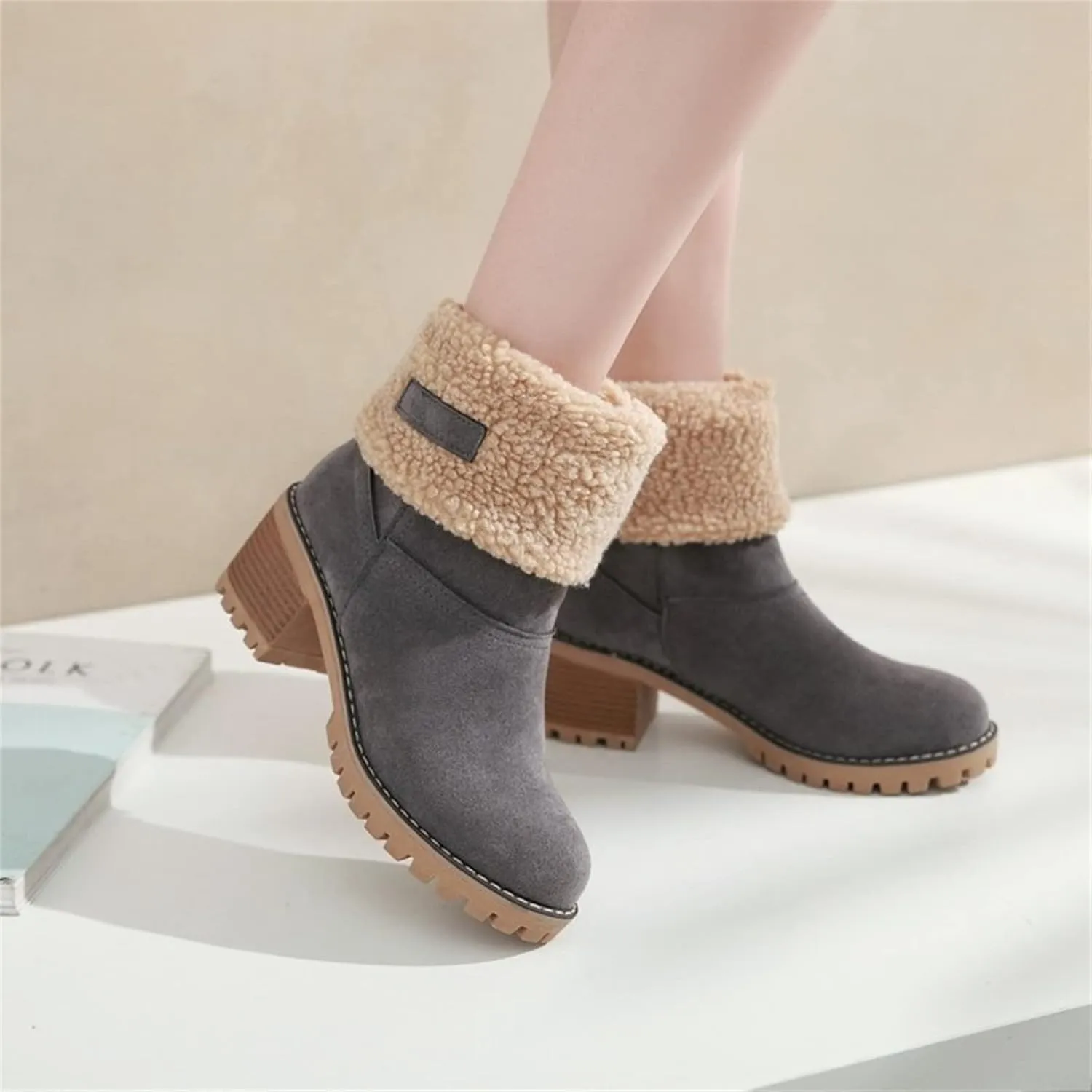 Ladmiple Snow Boots For Women Cute Tall Mid Calf Winter Shoes Fur Lined Warm Slip On Ankle Booties Anti Slip Walking Shoes