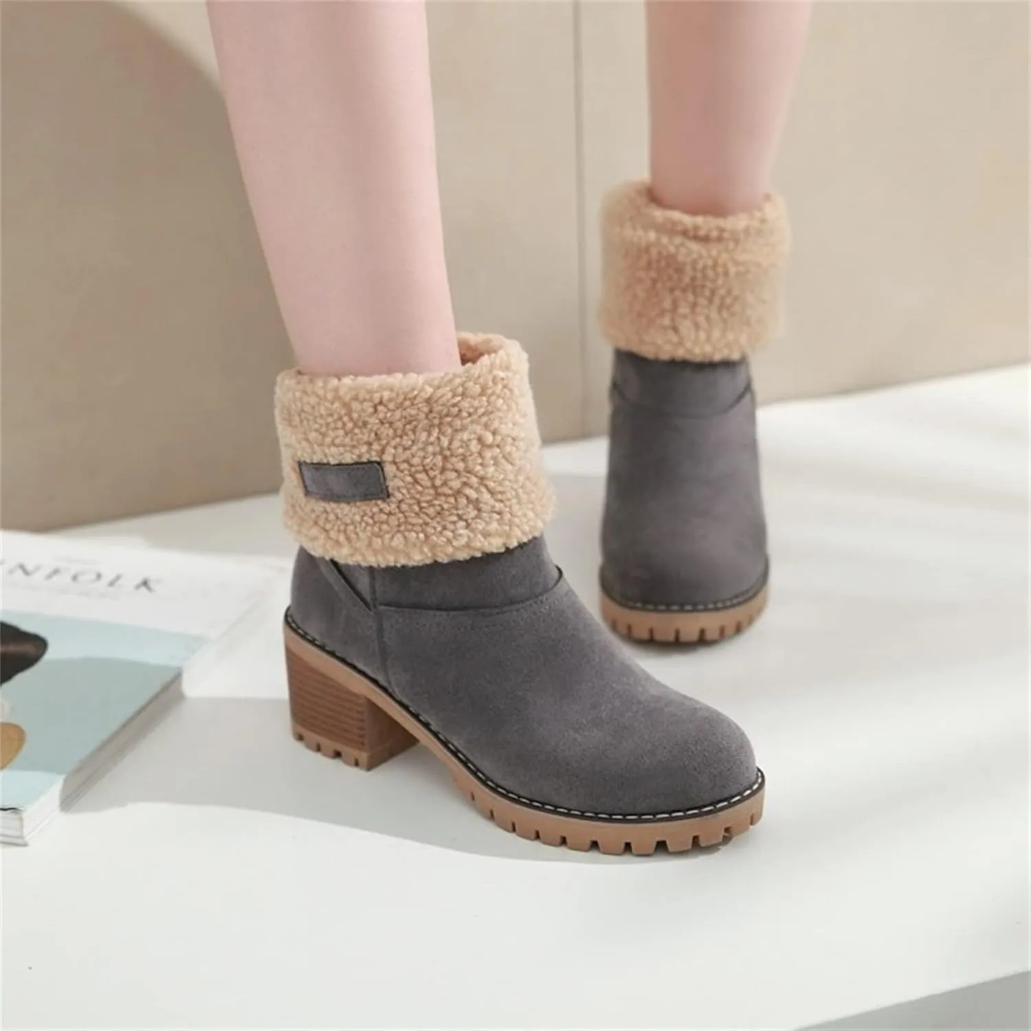 Ladmiple Snow Boots For Women Cute Tall Mid Calf Winter Shoes Fur Lined Warm Slip On Ankle Booties Anti Slip Walking Shoes