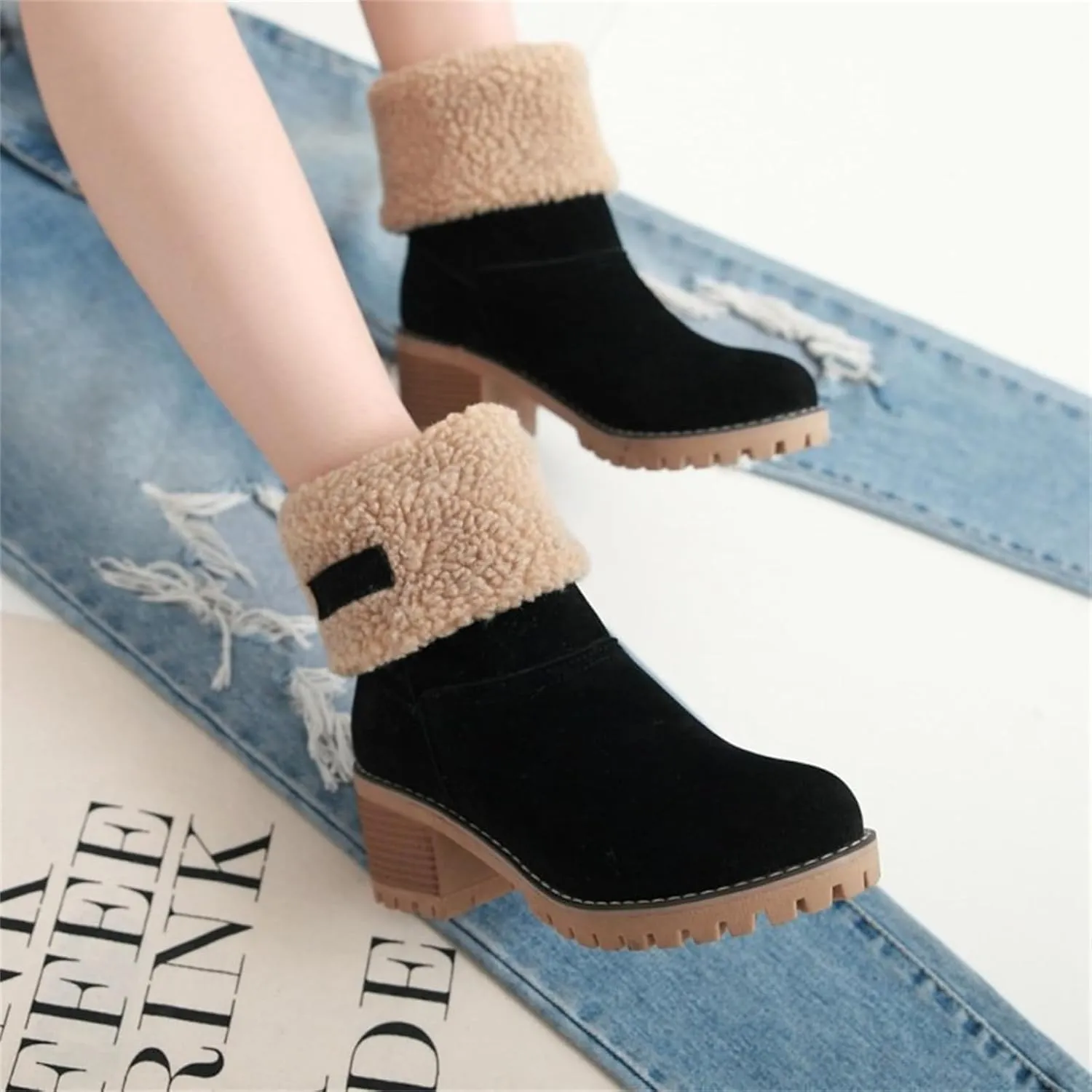 Ladmiple Winter Boots For Women Fashion Mid Calf Snow Boots Fur Lined Warm Comfortable Slip On Short Ankle Booties 2024