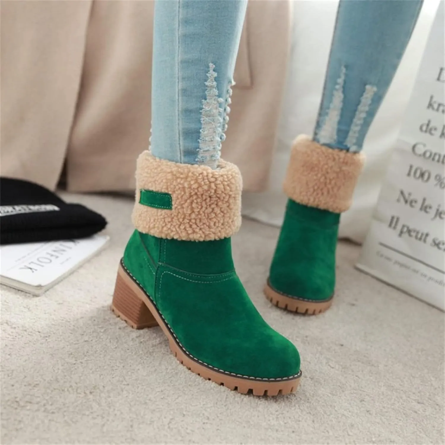Ladmiple Winter Boots For Women Fashion Mid Calf Snow Boots Fur Lined Warm Comfortable Slip On Short Ankle Booties 2024