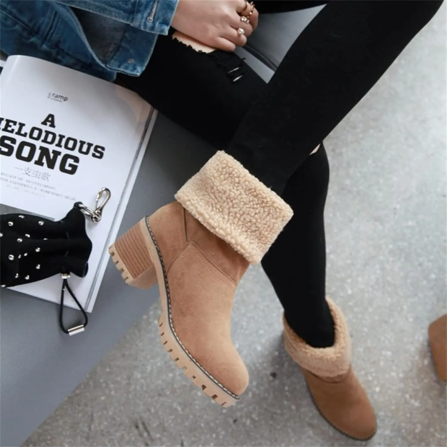 Ladmiple Winter Boots For Women Fashion Snow Boots Ankle Short Boots Slip On Outdoor Mid Calf Booties Fur Lined Warm Shoes