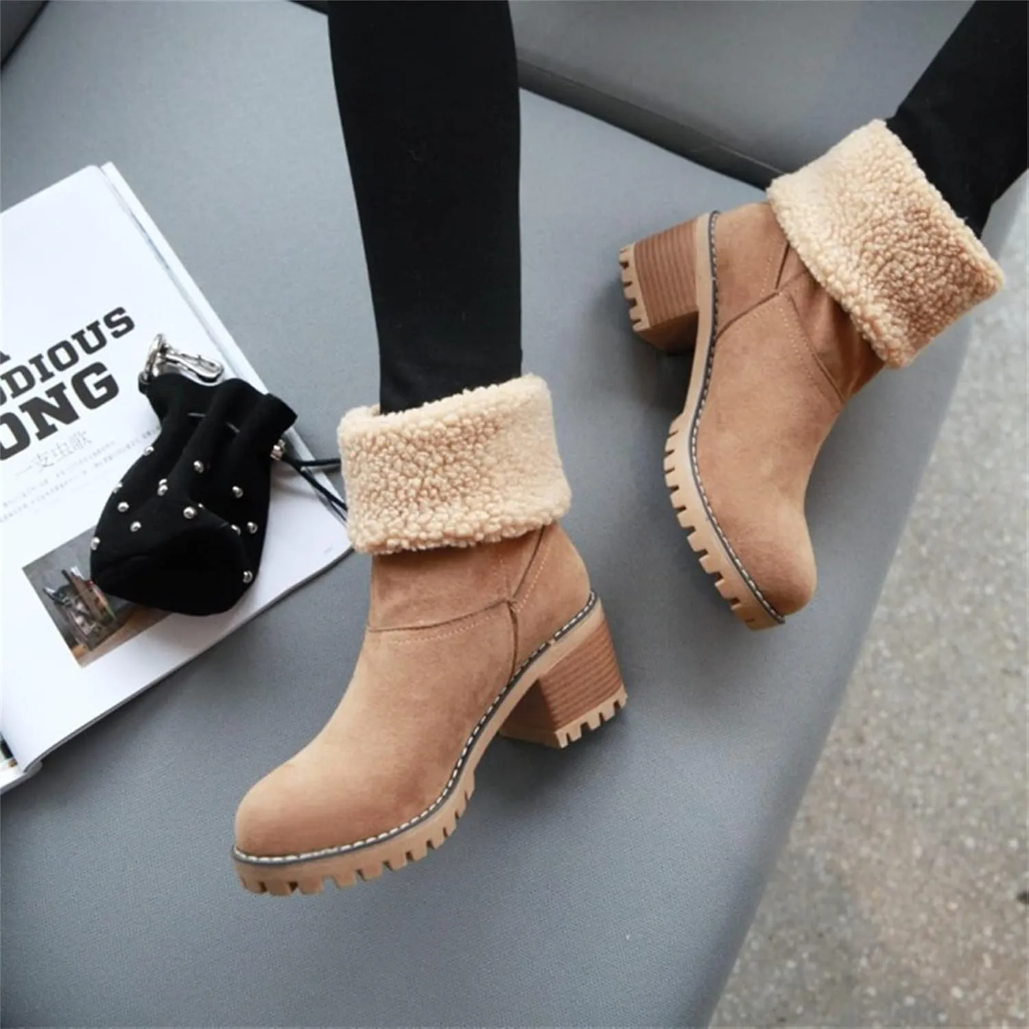 Ladmiple Winter Boots For Women Fashion Snow Boots Warm Fur Lined Ankle Booties Slip on Outdoor Walking Mid Calf Boots 2024