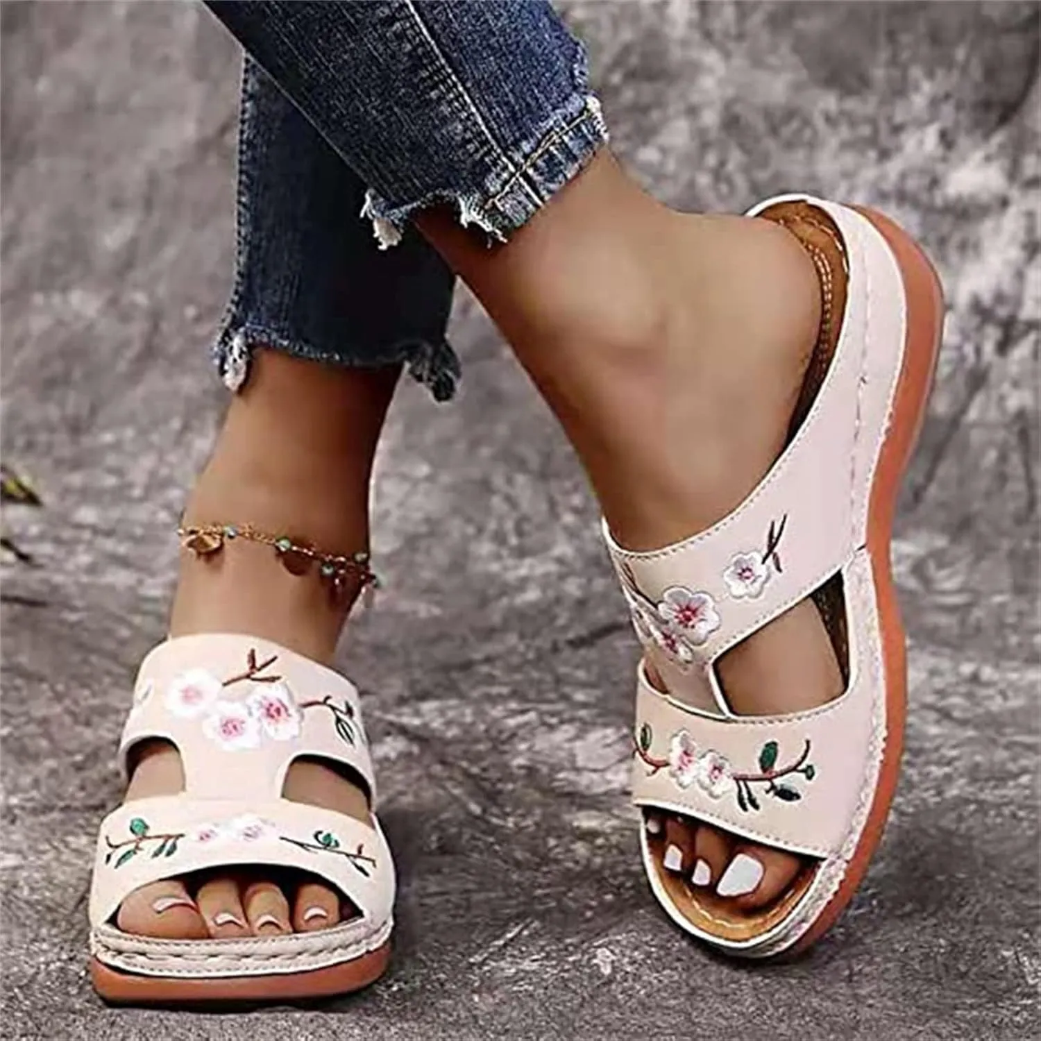 Lausiuoe Sandals Women Dressy Summer Flat Arch Support Fashion Orthotic Slides Comfy Slip On Orthopedic Slippers Flip Flops
