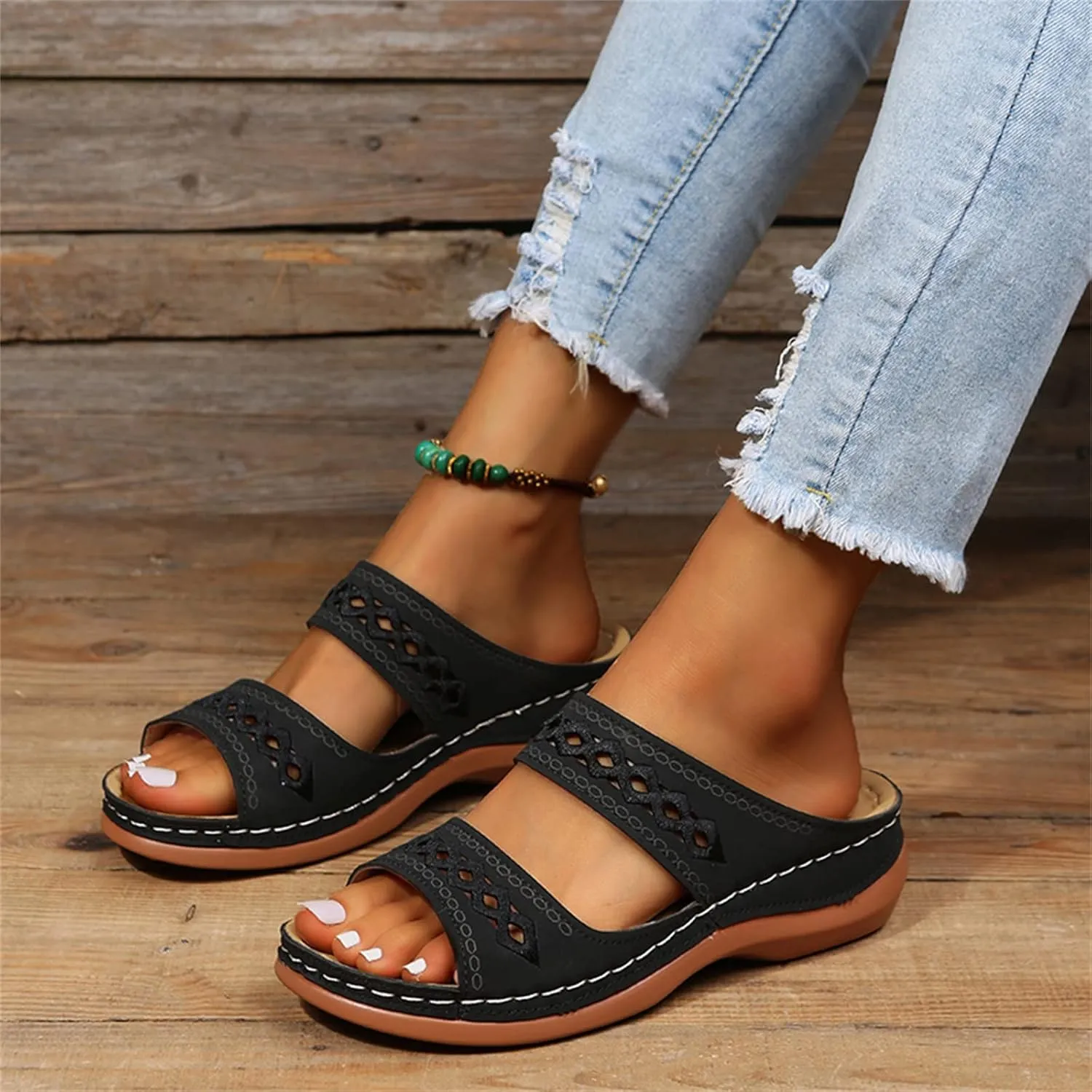 Lausiuoe Sandals Women Dressy Summer Flat Flip Flops Comfortable Walking Orthopedic Slippers Arch Support Orthotic Slides