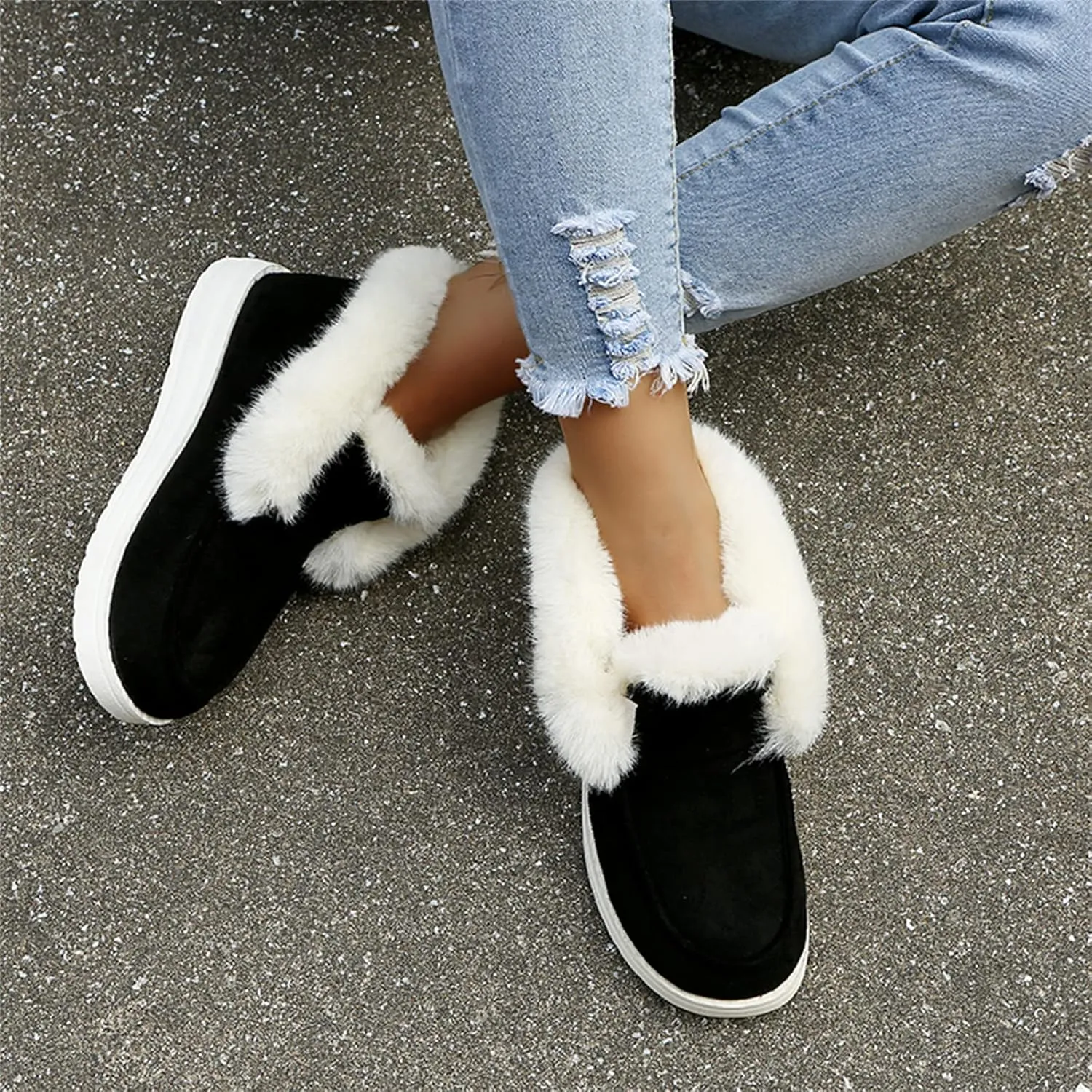 Lausiuoe Winter Boots For Women 2022 Trendy Classic Fuzzy Fur Lining Slip On Ankle Booties Warm Casual Loafers Sneakers