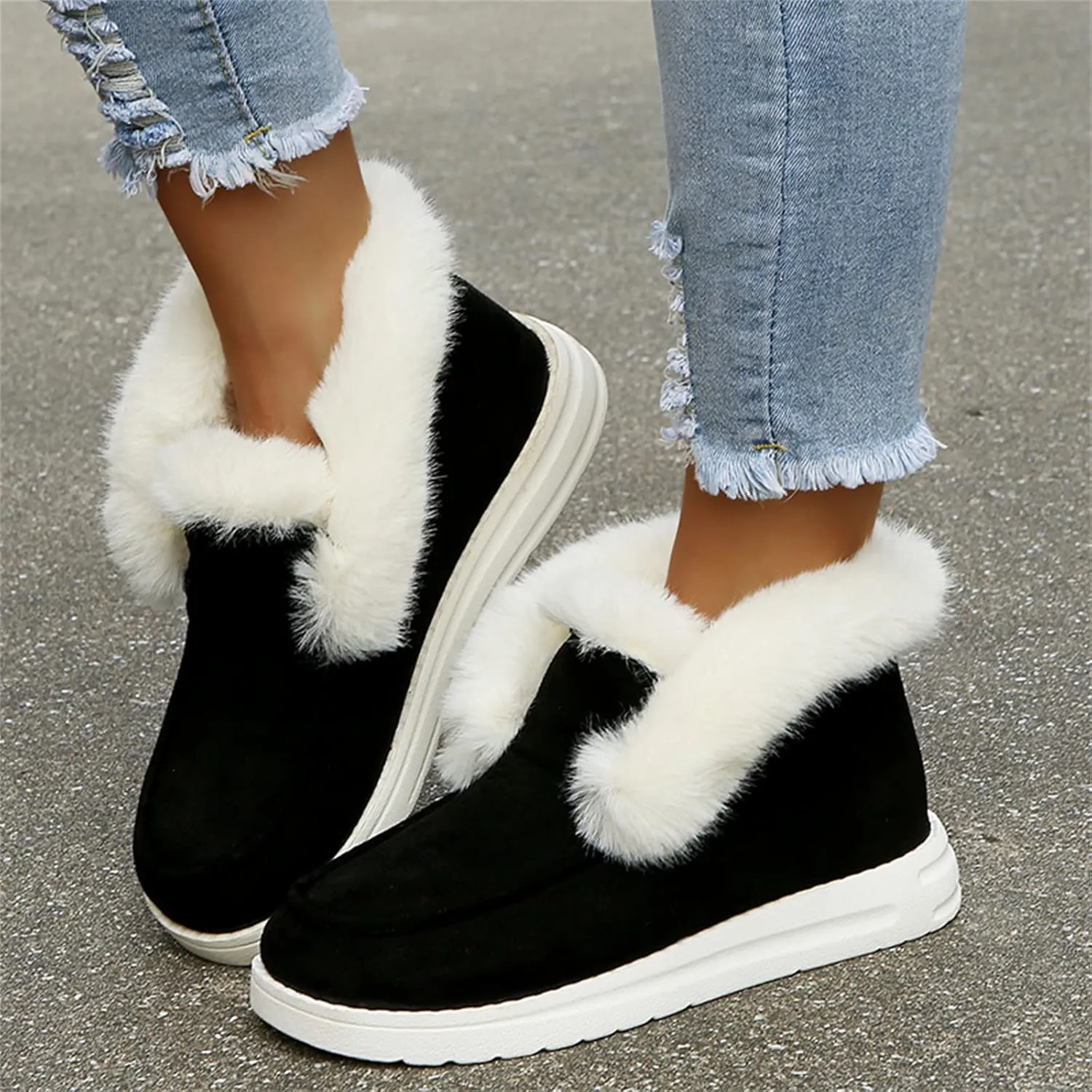 Lausiuoe Winter Boots For Women 2022 Trendy Classic Fuzzy Fur Lining Slip On Ankle Booties Warm Casual Loafers Sneakers