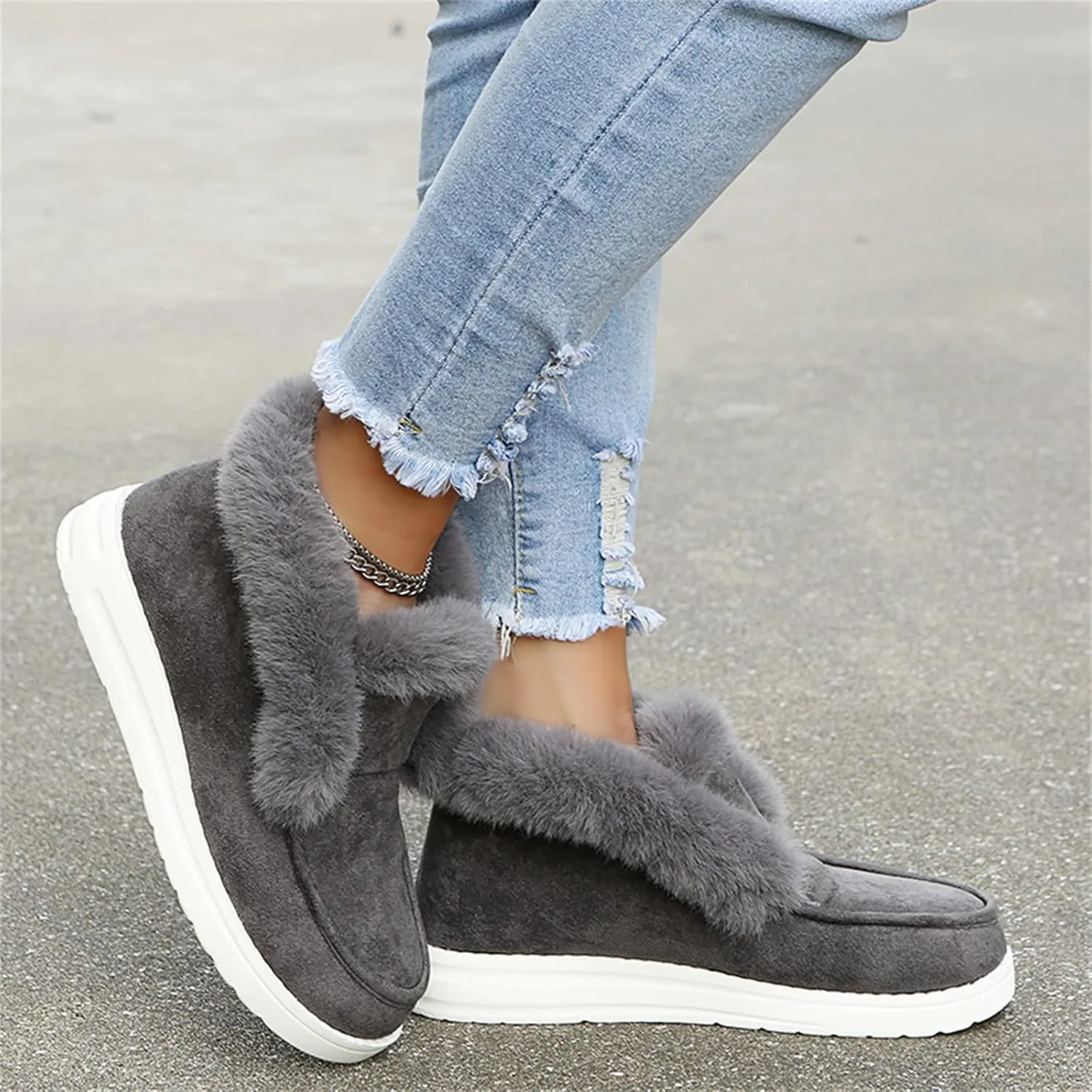 Lausiuoe Winter Boots For Women 2022 Trendy Classic Fuzzy Fur Lining Slip On Ankle Booties Warm Casual Loafers Sneakers