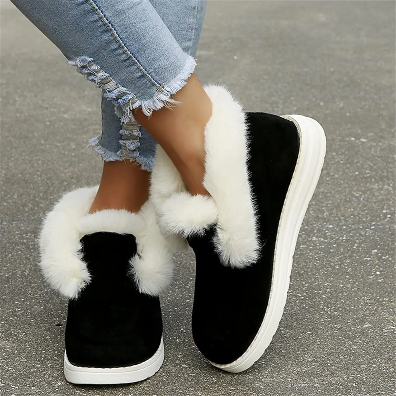 Lausiuoe Winter Boots For Women 2022 Trendy Classic Fuzzy Fur Lining Slip On Ankle Booties Warm Casual Loafers Sneakers