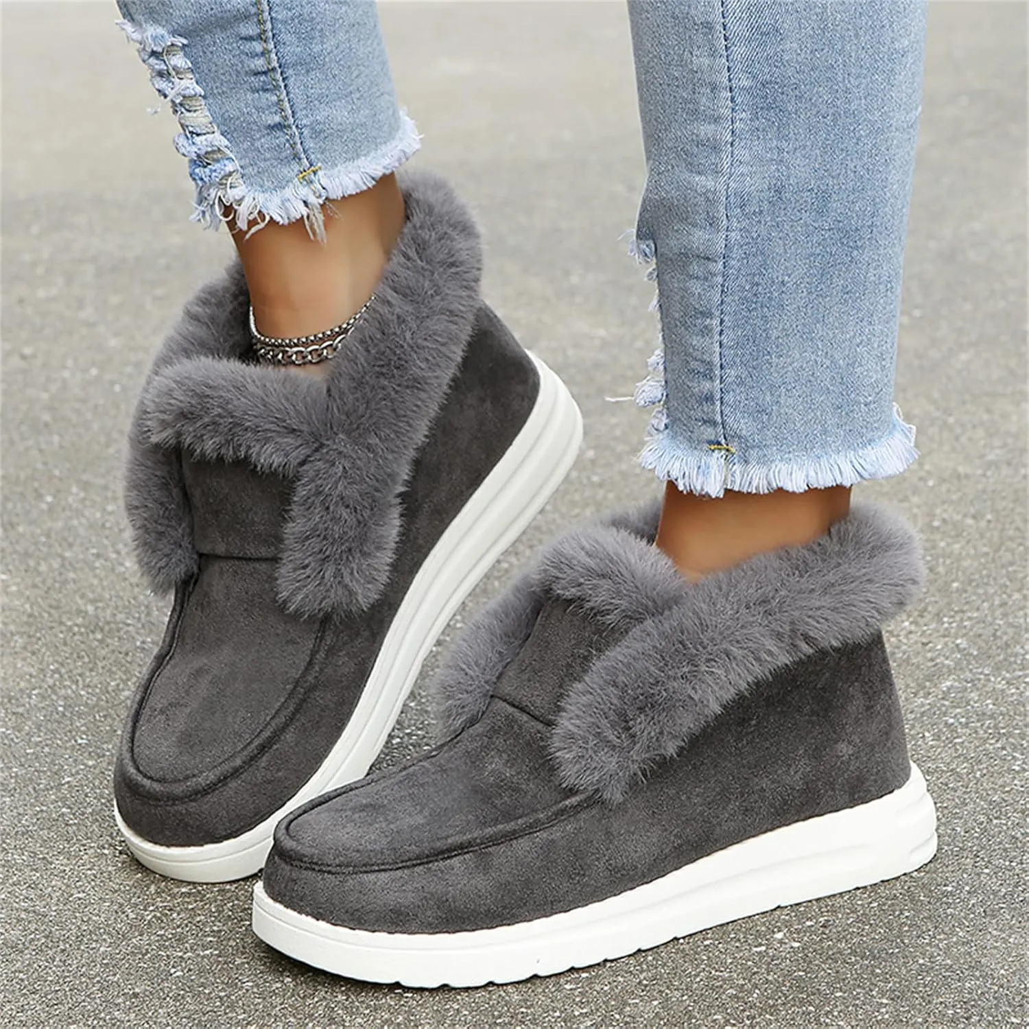 Lausiuoe Winter Boots For Women 2022 Trendy Classic Fuzzy Fur Lining Slip On Ankle Booties Warm Casual Loafers Sneakers