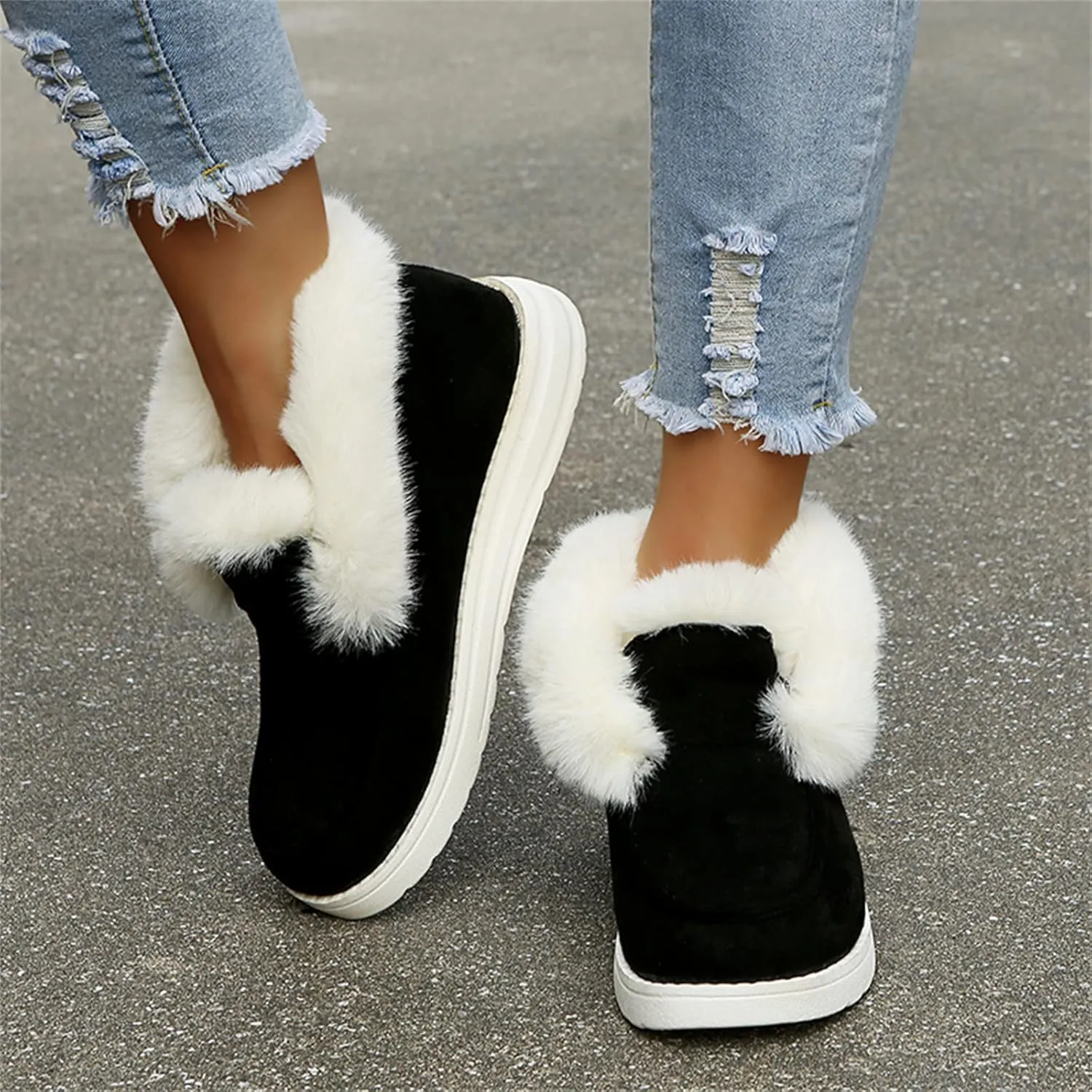 Lausiuoe Winter Boots For Women 2022 Trendy Classic Fuzzy Fur Lining Slip On Ankle Booties Warm Casual Loafers Sneakers
