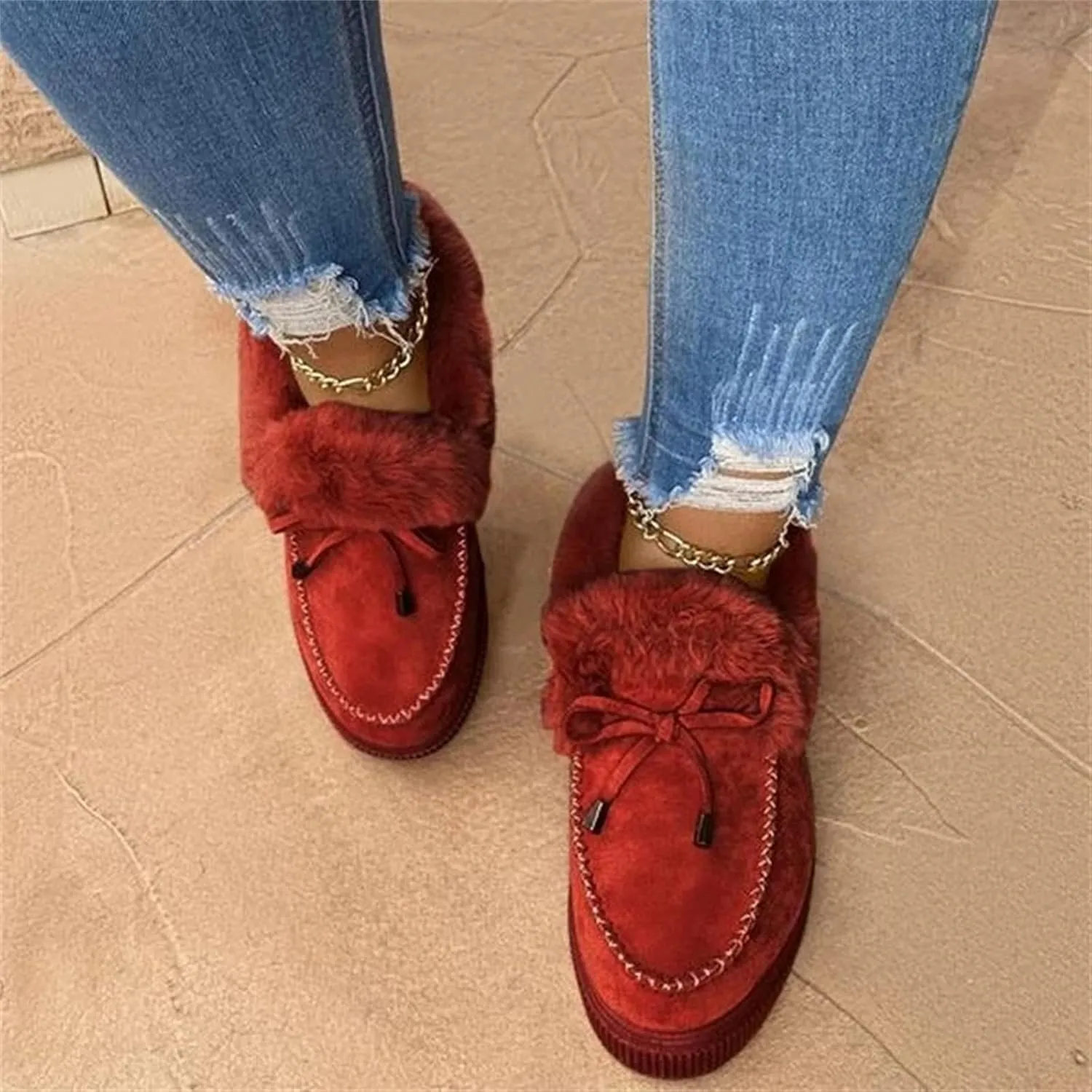 Lausiuoe Winter Boots For Women 2022 Trendy Fuzzy Booties Warm Fluffy Silp On Comfortable Casual Ankle Boots Loafers
