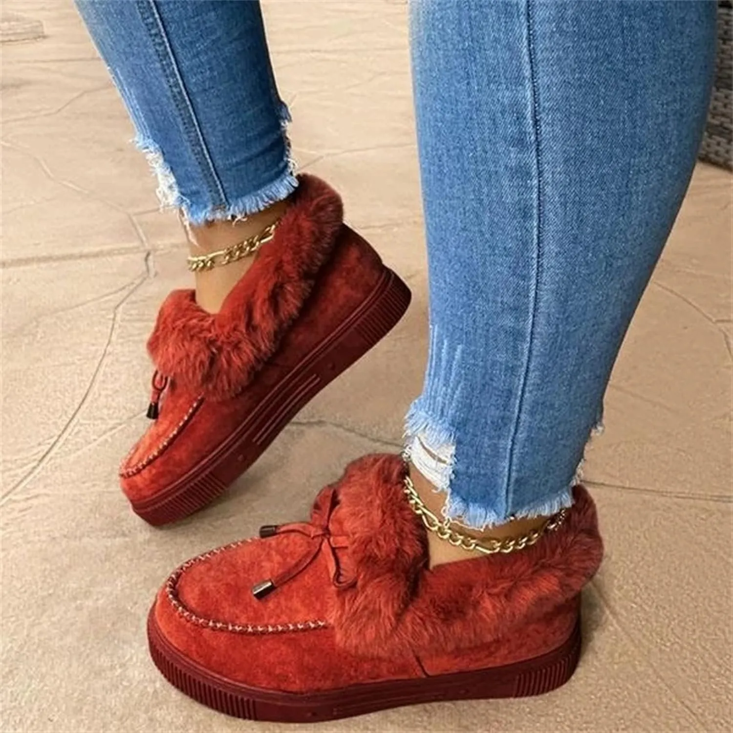 Lausiuoe Winter Boots For Women 2022 Trendy Fuzzy Booties Warm Fluffy Silp On Comfortable Casual Ankle Boots Loafers