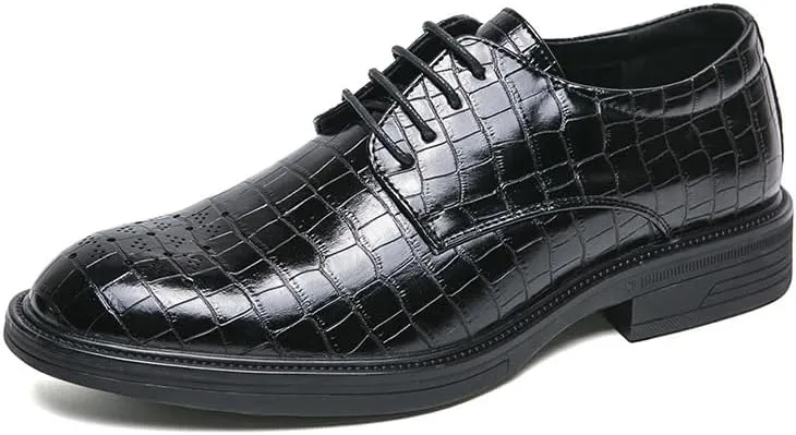 Men's Brogue Shoes Retro Pointed Chunky Heel Non-Slip Business Dress Shoes Genuine Leather Oxford Shoes for Men(Black,8)