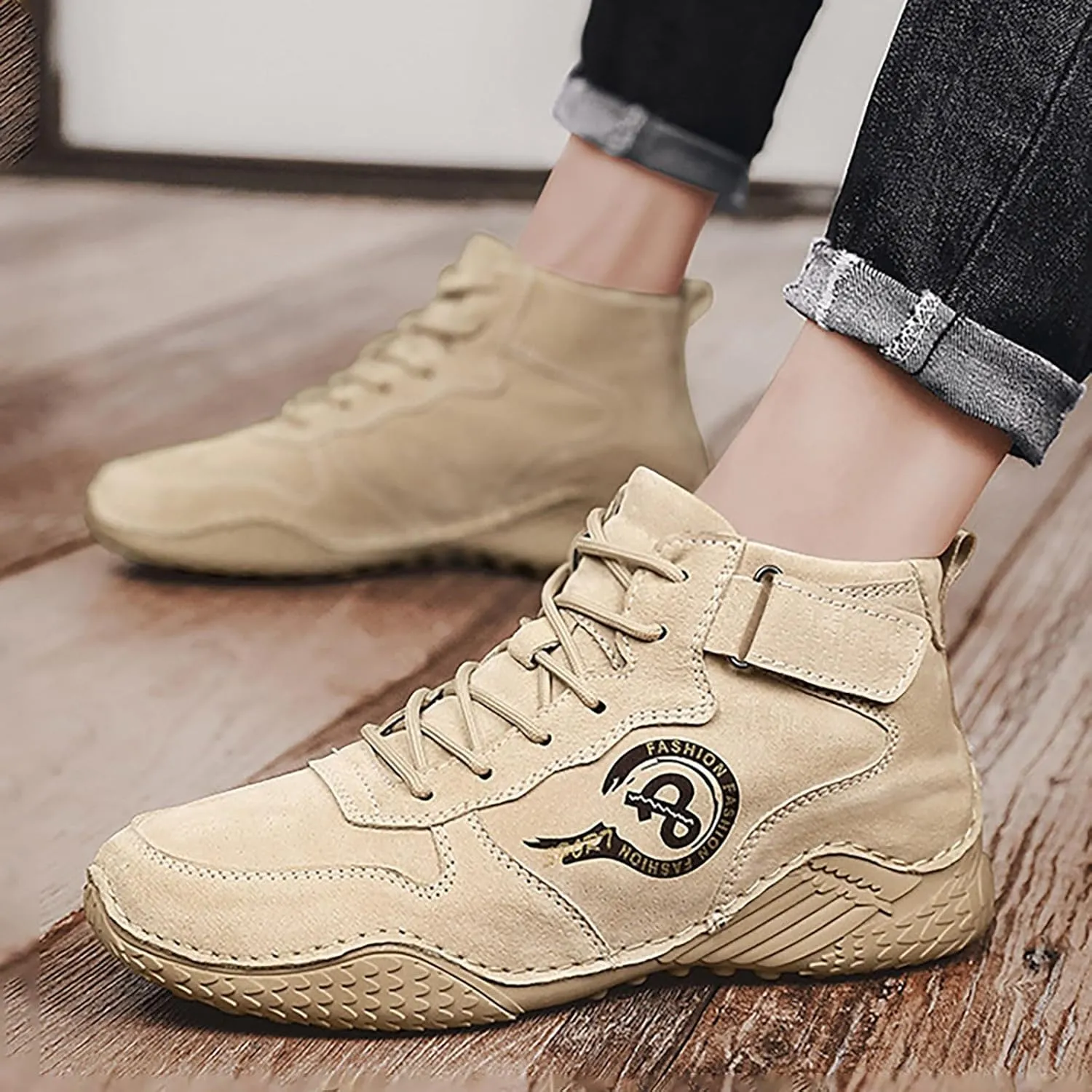Men's Casual Suede Ankle Boots Lace Up And Hook Loop Ankle Boots Lightweight Sport Shoes Hiking Leather Boots