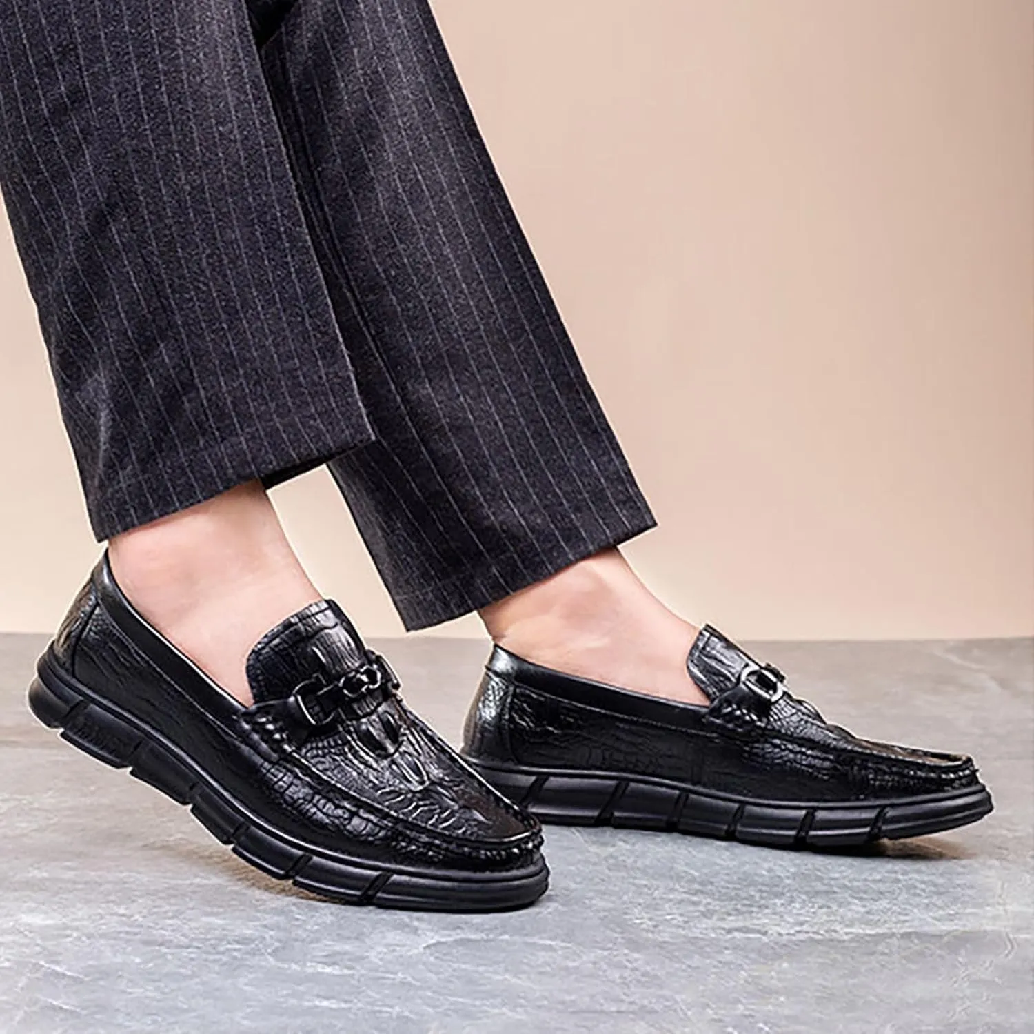 Men's Casual Textured Leather Slip-On Comfortable Breathable Dress Shoes for Men, Perfect for Driving & Daily Casual Wear
