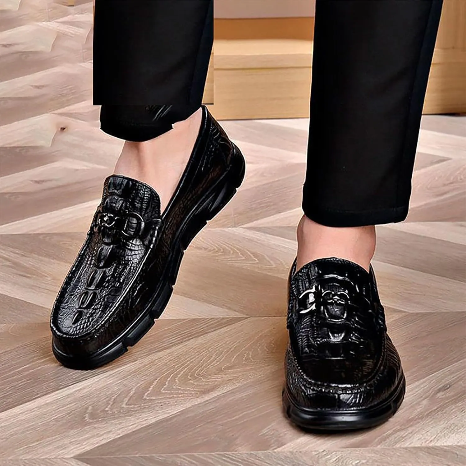 Men's Casual Textured Leather Slip-On Comfortable Breathable Dress Shoes for Men, Perfect for Driving & Daily Casual Wear