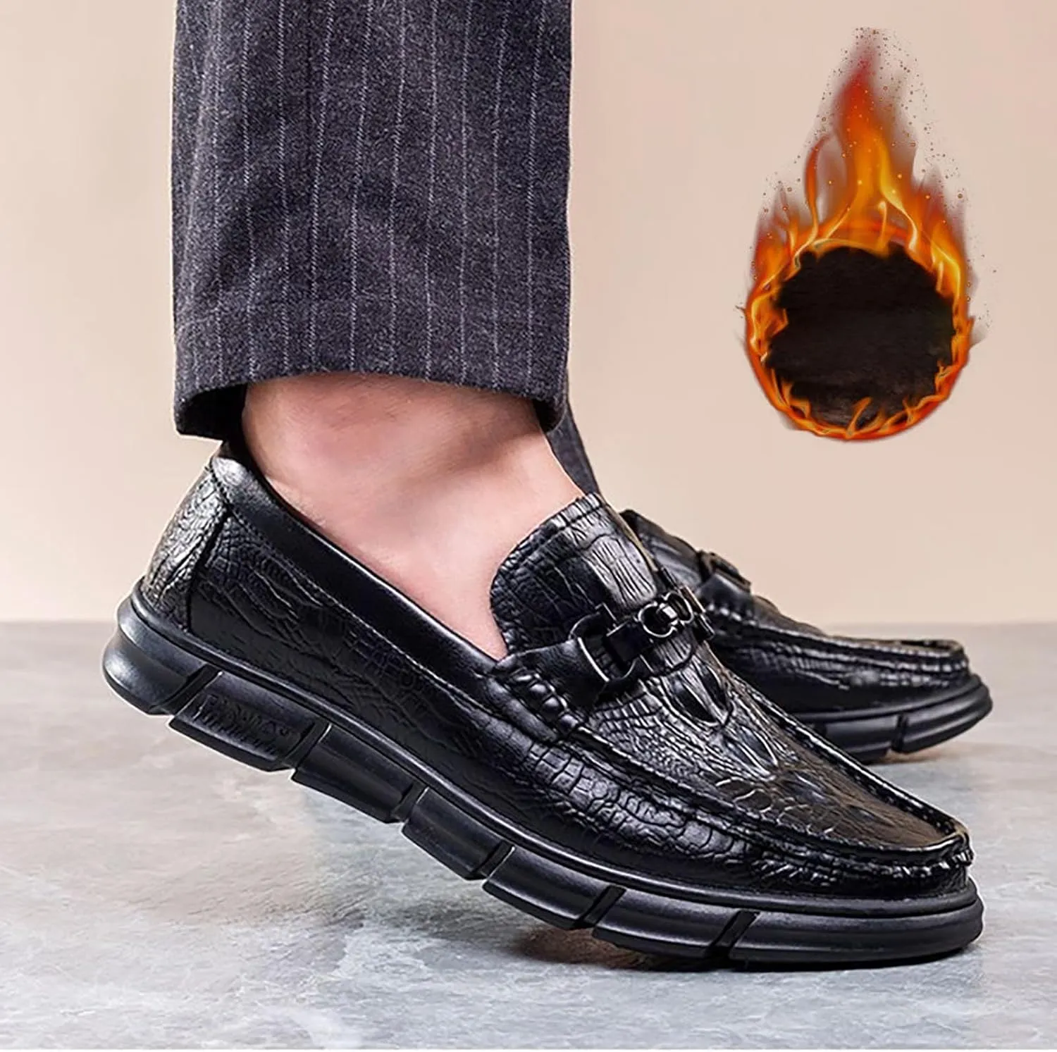 Men's Casual Textured Leather Slip-On Comfortable Breathable Dress Shoes for Men, Perfect for Driving & Daily Casual Wear