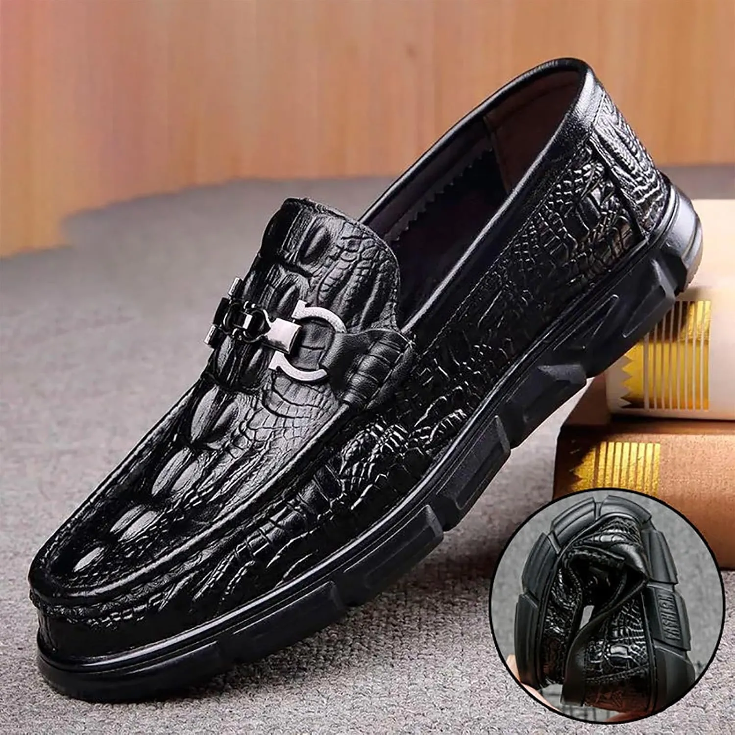 Men's Casual Textured Leather Slip-On Comfortable Breathable Dress Shoes for Men, Perfect for Driving & Daily Casual Wear