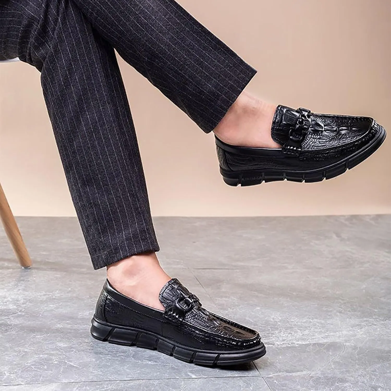 Men's Casual Textured Leather Slip-On Comfortable Breathable Dress Shoes for Men, Perfect for Driving & Daily Casual Wear