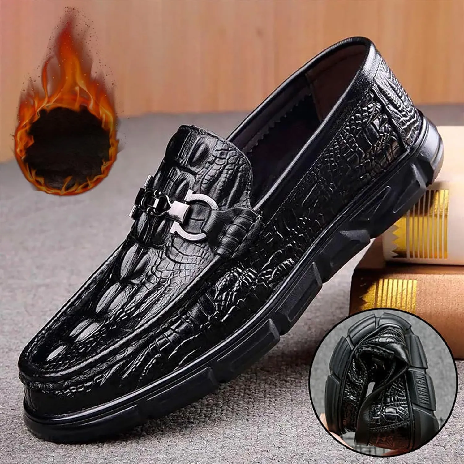 Men's Casual Textured Leather Slip-On Comfortable Breathable Dress Shoes for Men, Perfect for Driving & Daily Casual Wear