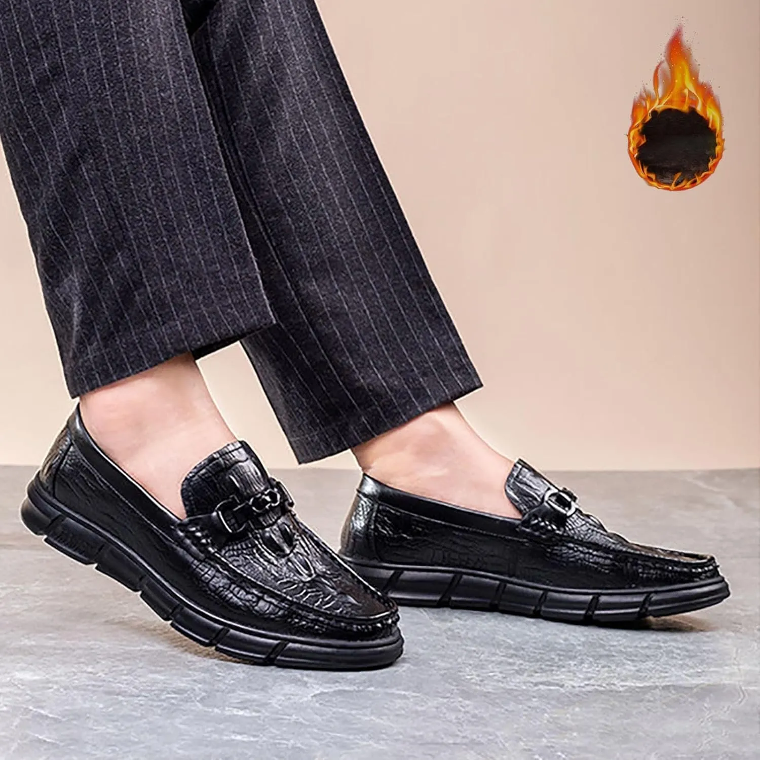 Men's Casual Textured Leather Slip-On Comfortable Breathable Dress Shoes for Men, Perfect for Driving & Daily Casual Wear