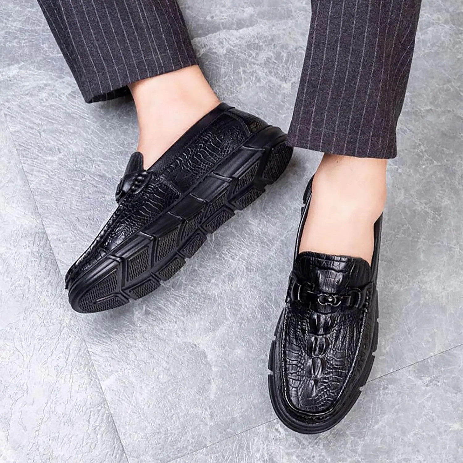 Men's Casual Textured Leather Slip-On Comfortable Breathable Dress Shoes for Men, Perfect for Driving & Daily Casual Wear