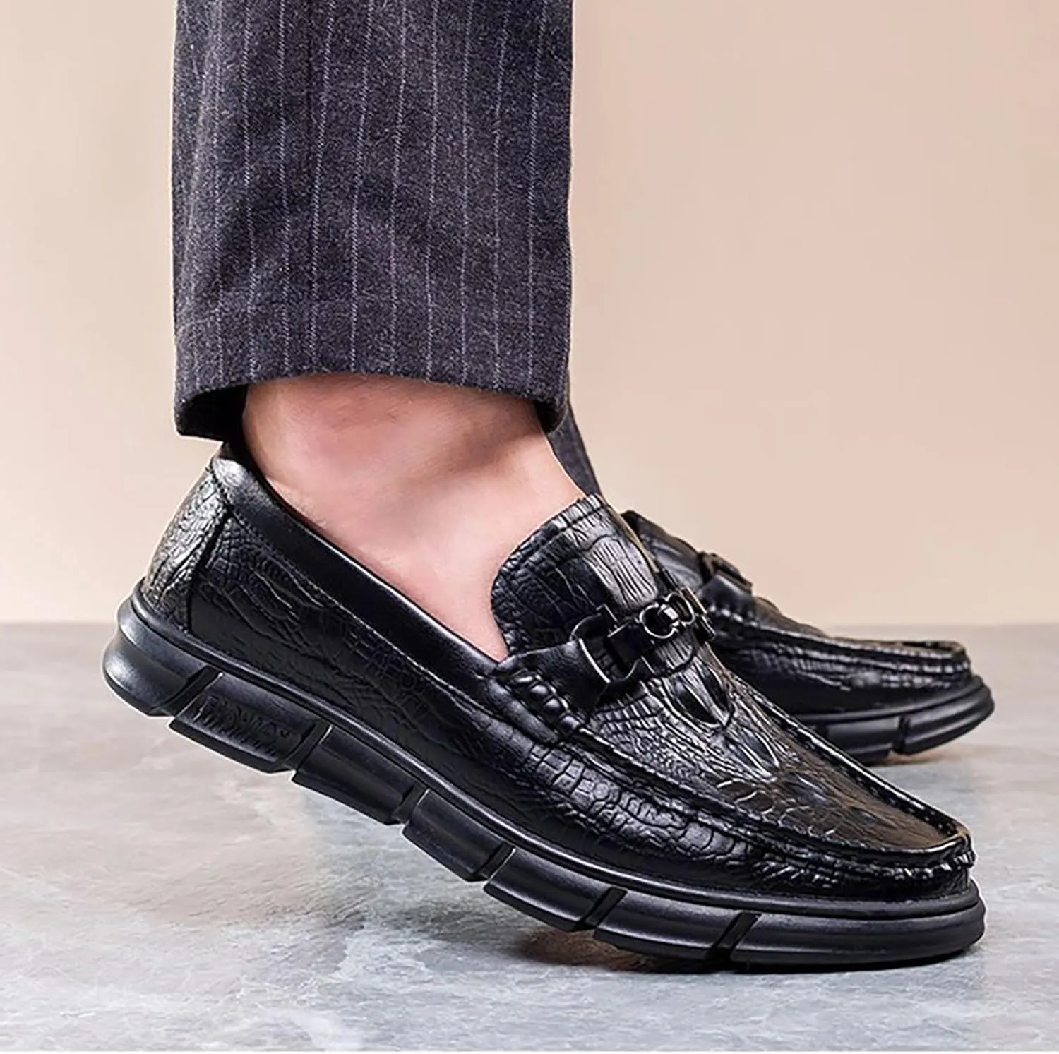 Men's Casual Textured Leather Slip-On Comfortable Breathable Dress Shoes for Men, Perfect for Driving & Daily Casual Wear