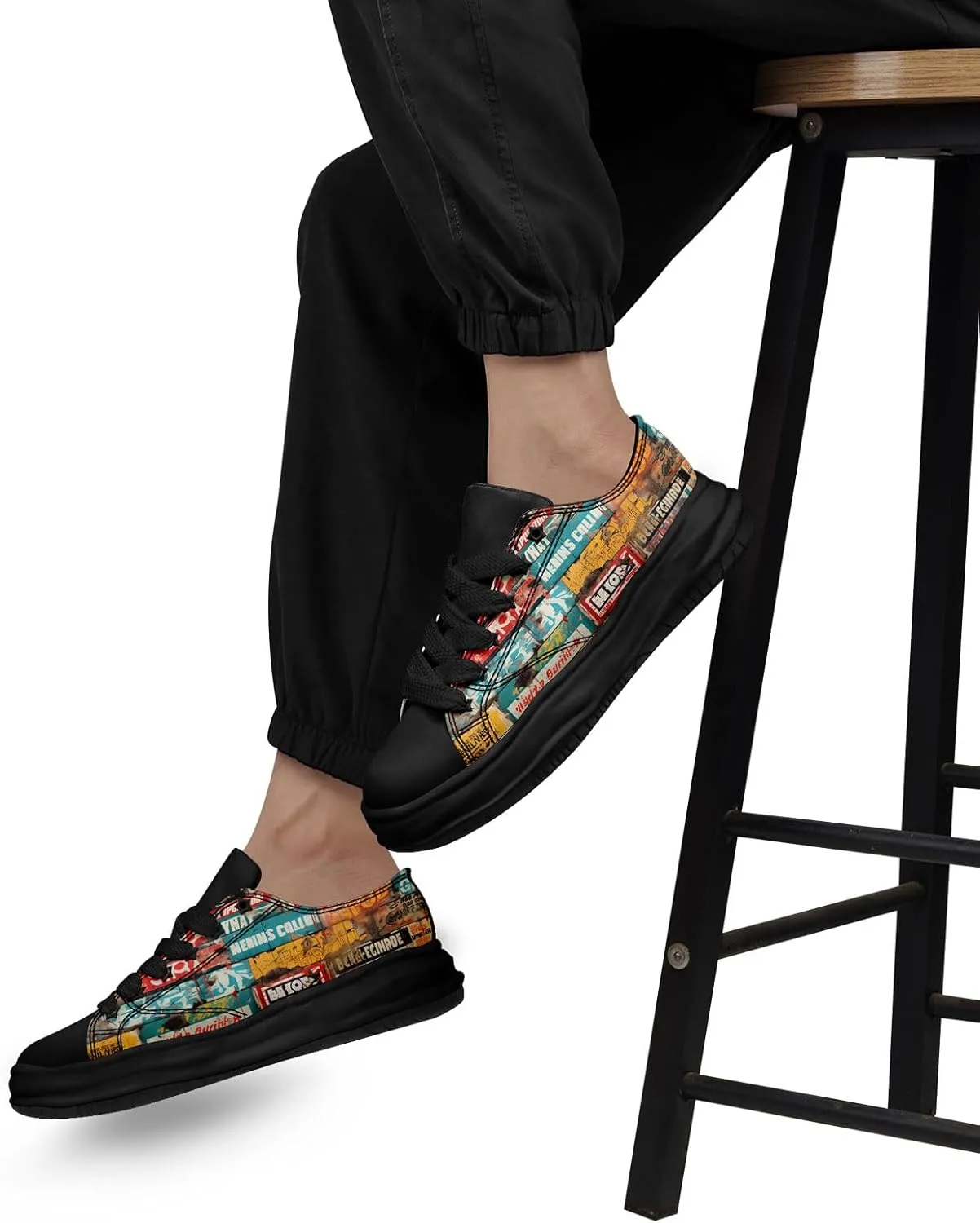 Mens Graffiti Canvas Sneakers Colorful Casual Low Top Lace-Up Canvas Shoes for Women Abstract Street Art Design