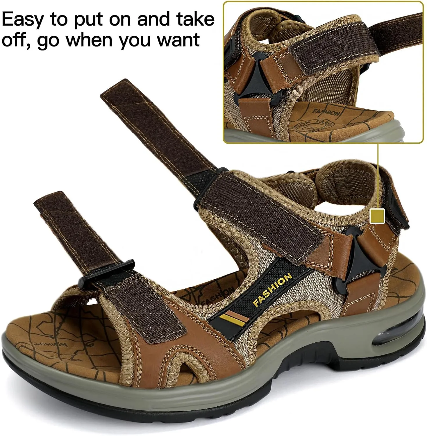 Mens Hiking Sandals Leather Air Cushion Non Slip Comfortable Beach Footwear