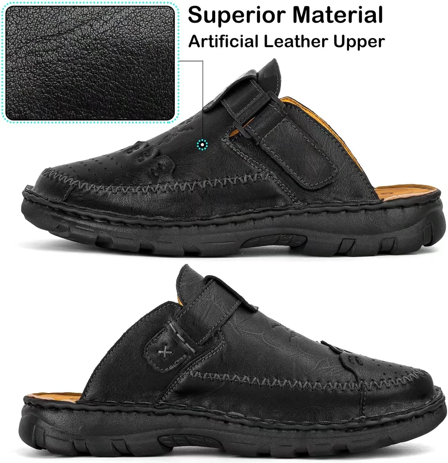 Mens Leather Clogs Mules Summer Slip-on Casual Sandals Soft Leather Thick Sole