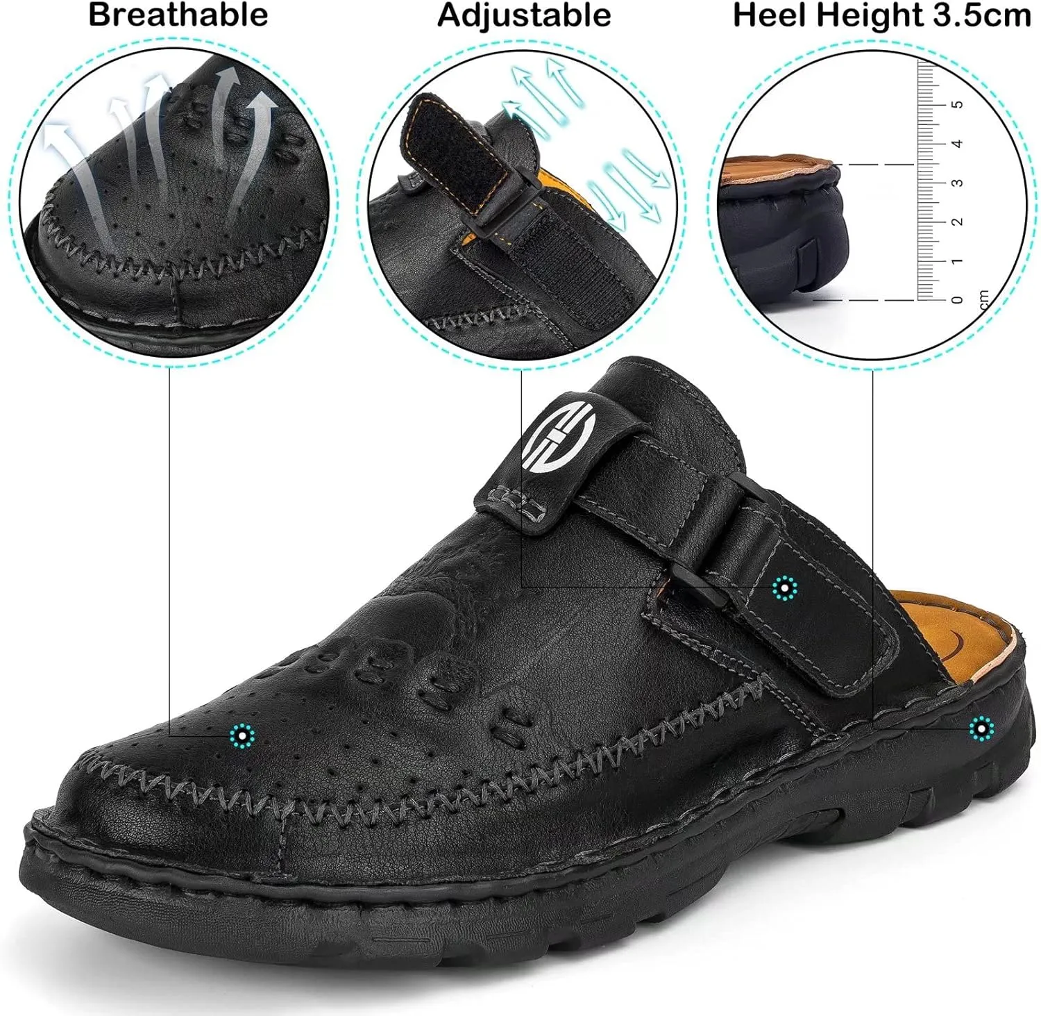 Mens Leather Clogs Mules Summer Slip-on Casual Sandals Soft Leather Thick Sole