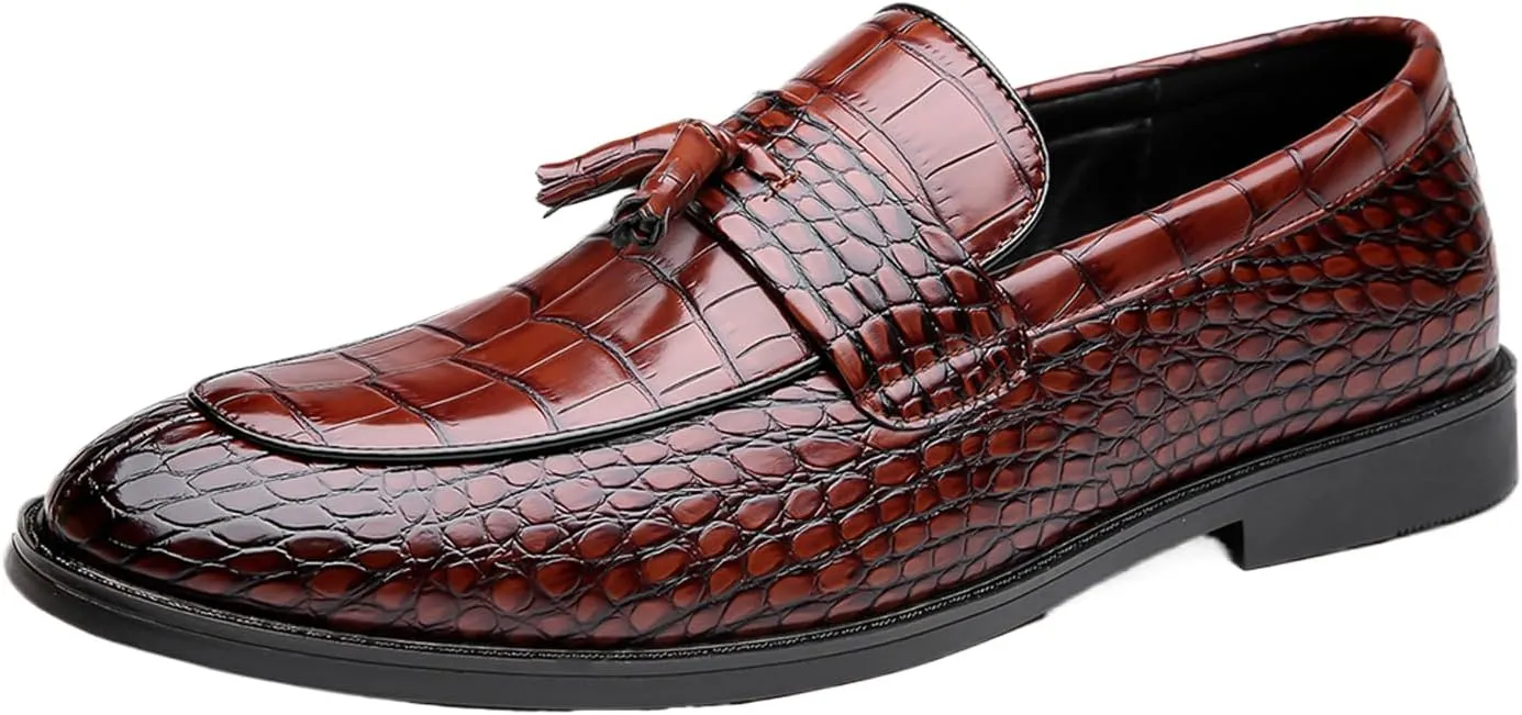 Men's Leather Textured Chunky Heel Loafers Retro Pointed Tassels Non-Slip Slip-On Business Work Wedding Formal Shoes