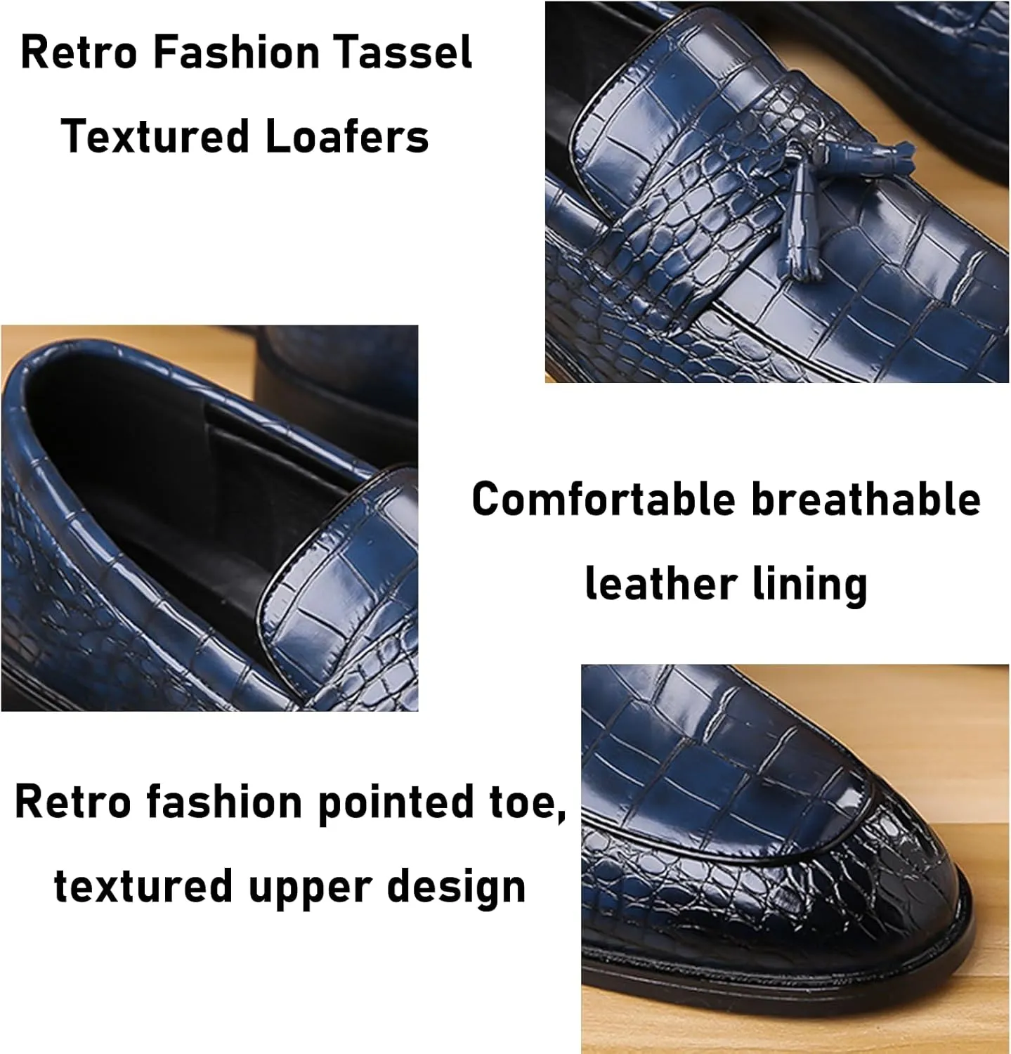 Men's Leather Textured Chunky Heel Loafers Retro Pointed Tassels Non-Slip Slip-On Business Work Wedding Formal Shoes