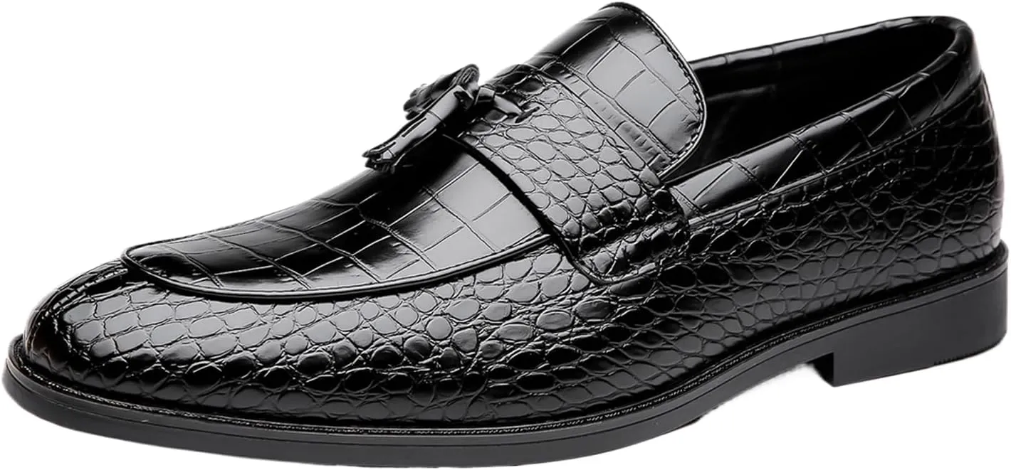 Men's Leather Textured Chunky Heel Loafers Retro Pointed Tassels Non-Slip Slip-On Business Work Wedding Formal Shoes