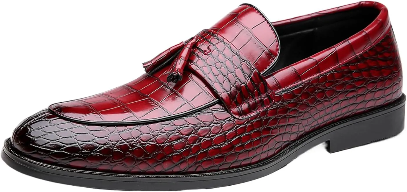 Men's Leather Textured Chunky Heel Loafers Retro Pointed Tassels Non-Slip Slip-On Business Work Wedding Formal Shoes