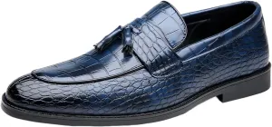 Men's Leather Textured Chunky Heel Loafers Retro Pointed Tassels Non-Slip Slip-On Business Work Wedding Formal Shoes