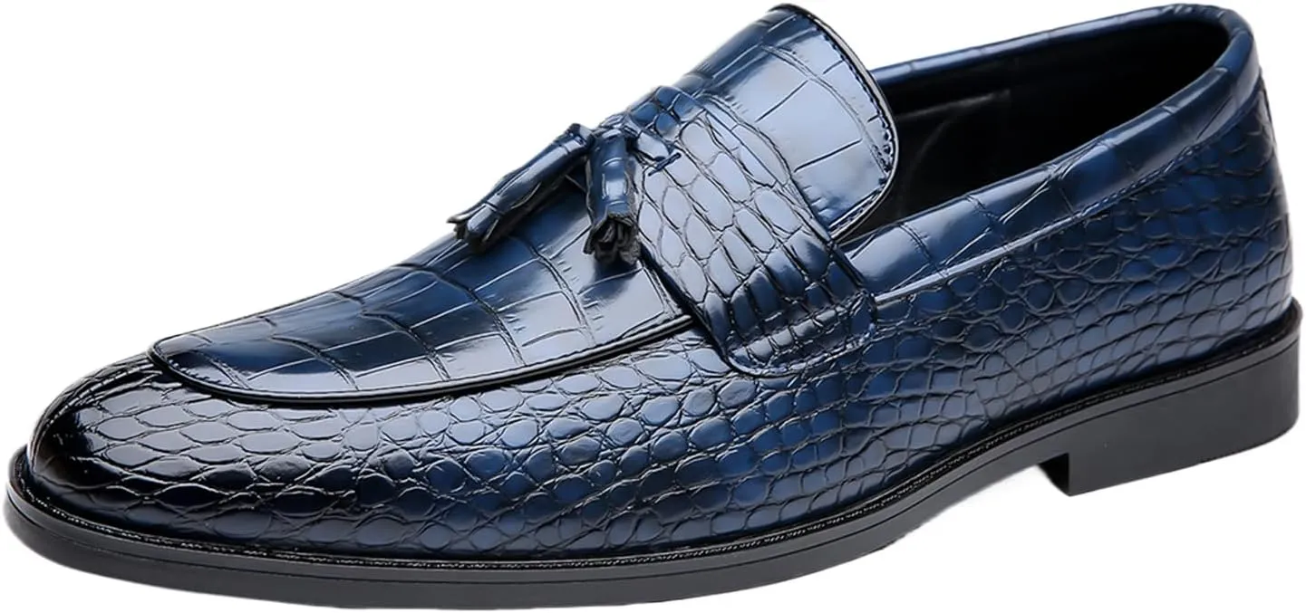 Men's Leather Textured Chunky Heel Loafers Retro Pointed Tassels Non-Slip Slip-On Business Work Wedding Formal Shoes
