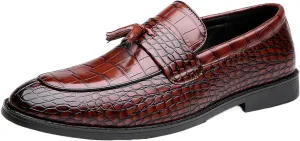 Men's Leather Textured Chunky Heel Loafers Retro Pointed Tassels Non-Slip Slip-On Business Work Wedding Formal Shoes