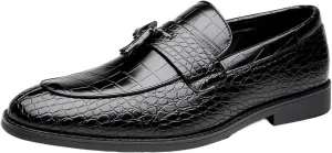Men's Leather Textured Chunky Heel Loafers Retro Pointed Tassels Non-Slip Slip-On Business Work Wedding Formal Shoes