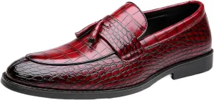 Men's Leather Textured Chunky Heel Loafers Retro Pointed Tassels Non-Slip Slip-On Business Work Wedding Formal Shoes