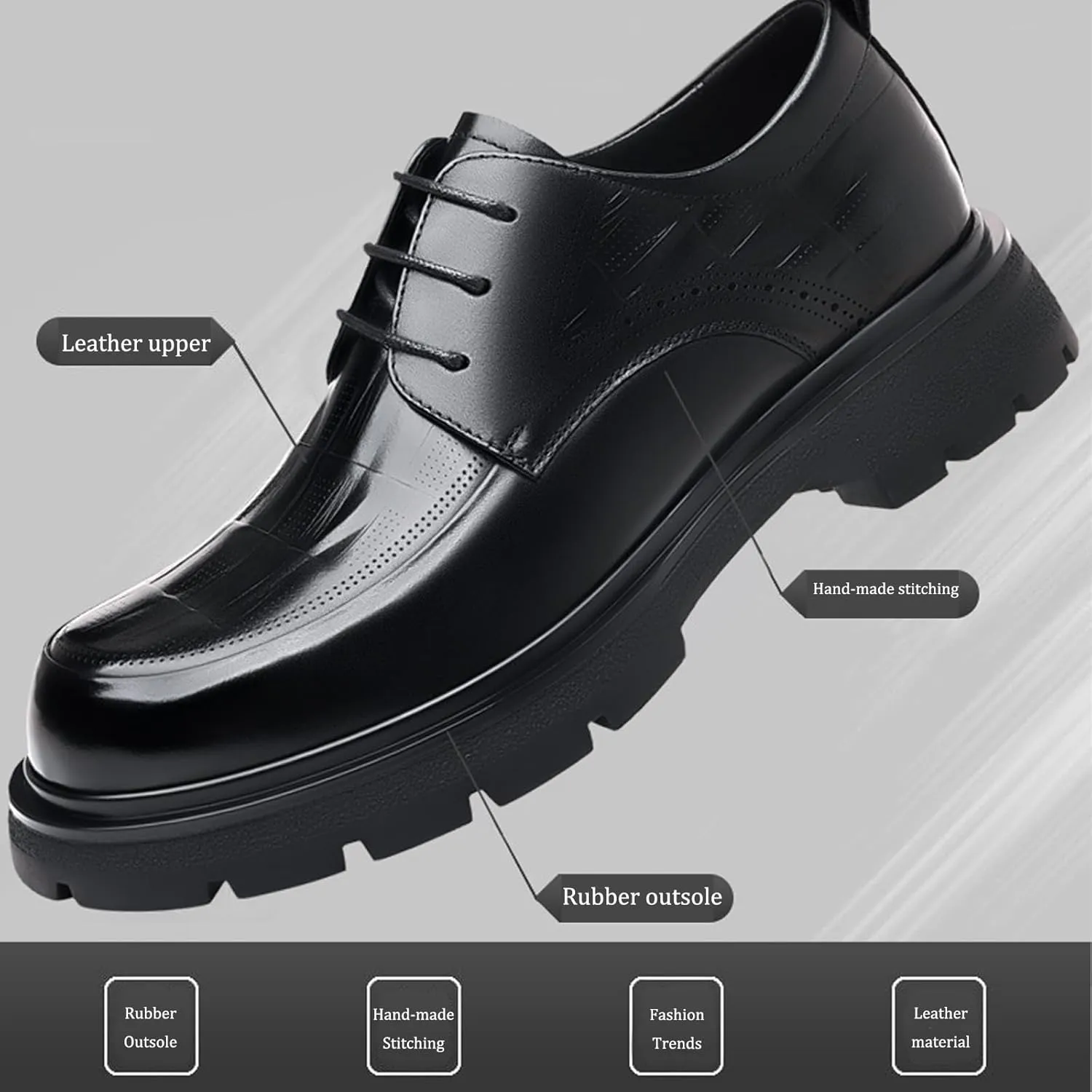 Men's Patent Leather Textured Platform Formal Lace-Up Oxford Shoes Retro Round Toe Lug Sole Non-Slip Business Wedding Brogue Dress Shoes